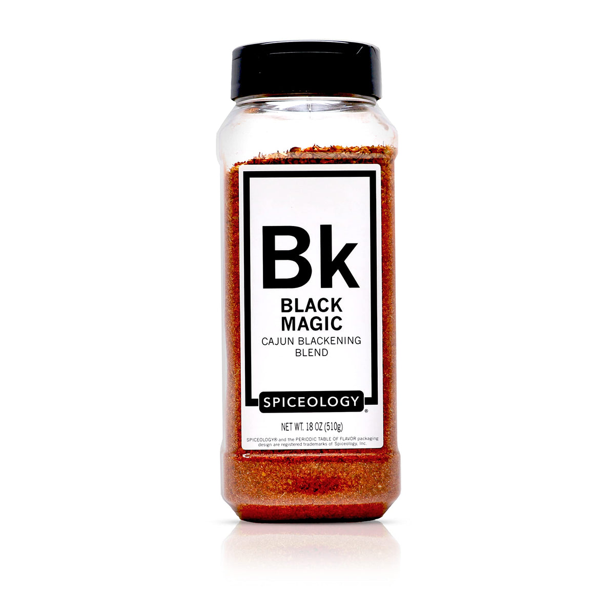 Spiceology Black Magic bottle pour showing bold Cajun aroma for flavorful weeknights