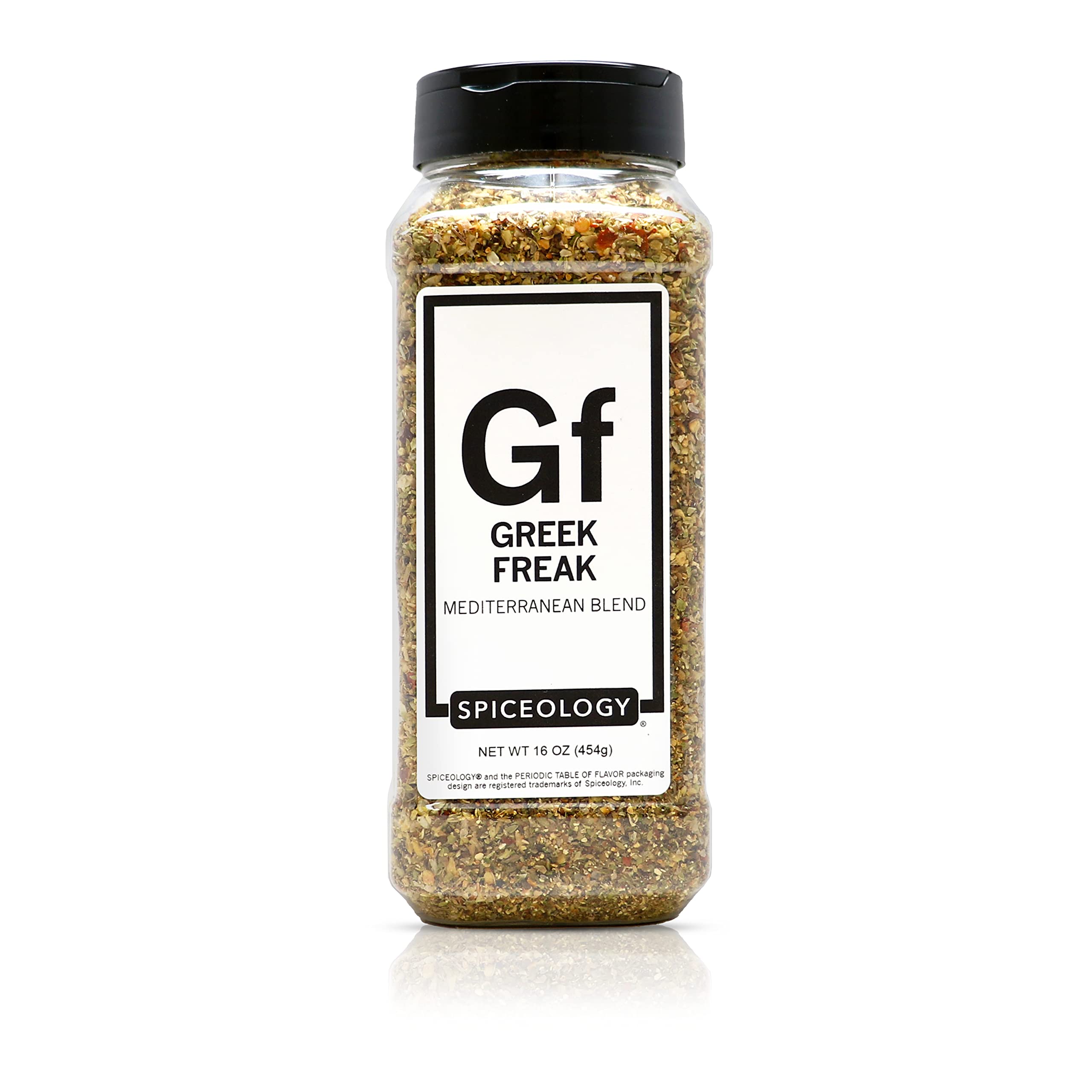 Spiceology Greek Freak bottle pour highlights bold Mediterranean flavor for grilled chicken.