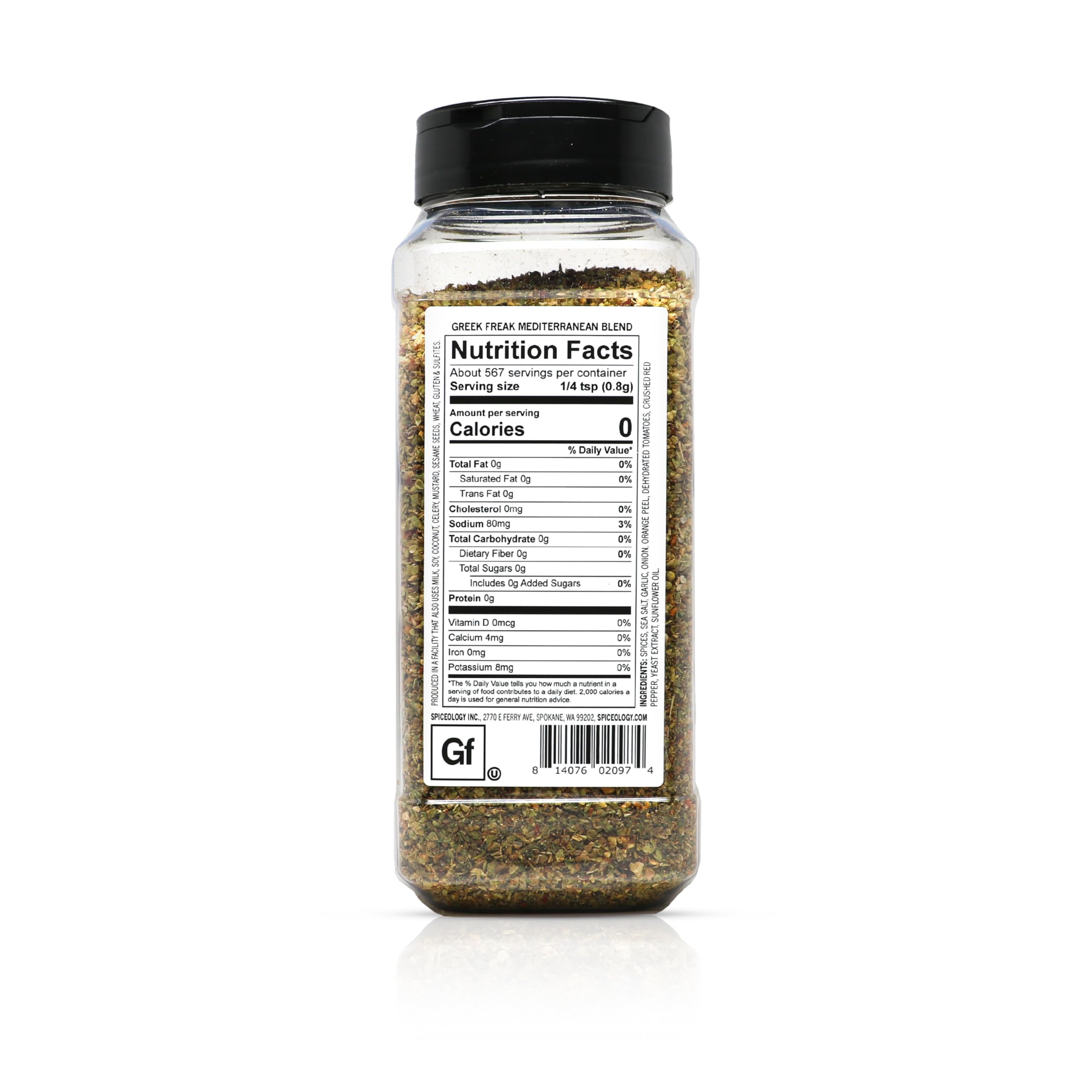 Spiceology Greek Freak jar closeup shows fresh-ground herbs for restaurant-quality seasoning.