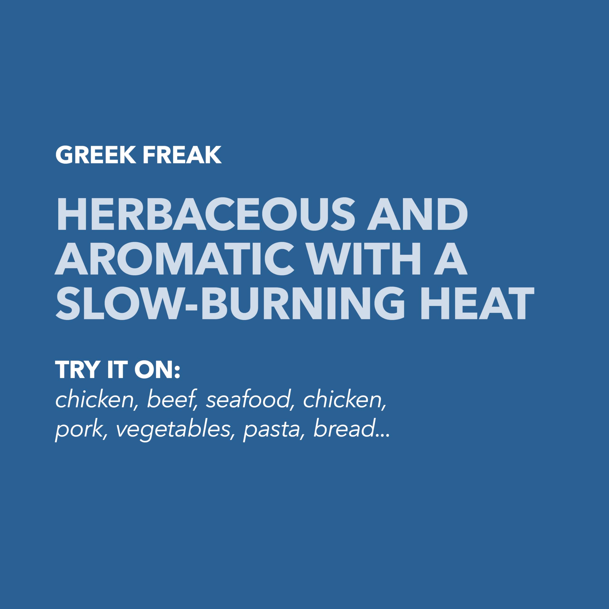 Spiceology Greek Freak pizza topping sprinkle adds zesty Mediterranean notes.