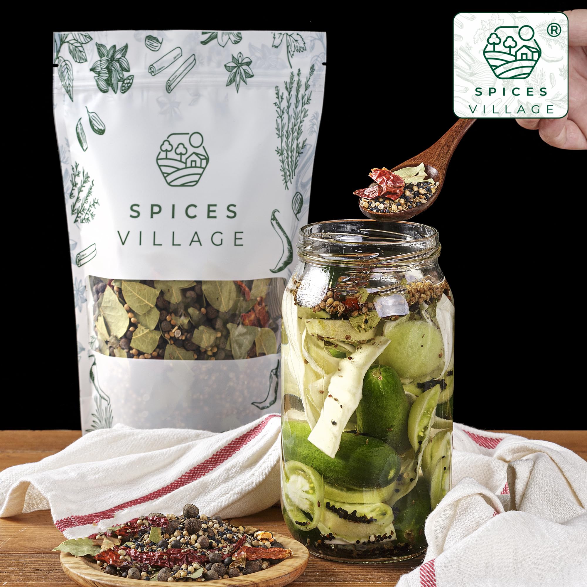 Spices Village pickling spice ingredients closeup highlighting mustard and dill