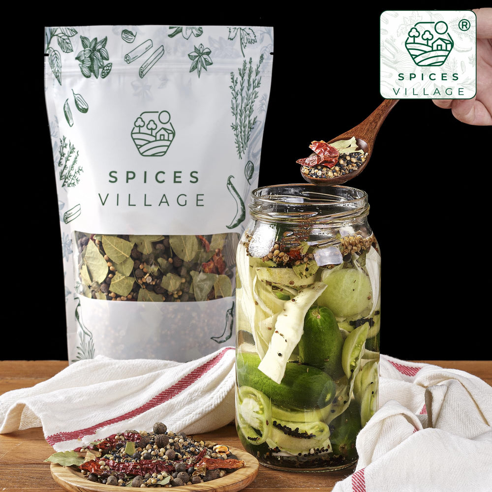 Spices Village pickling spice ingredients closeup highlighting mustard and dill