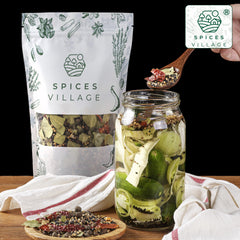 Spices Village pickling spice ingredients closeup highlighting mustard and dill