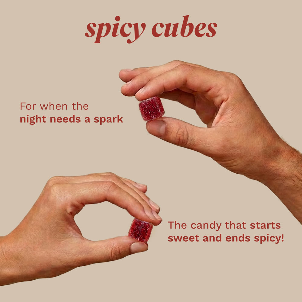 Spicy Cubes Hot Peach Gummies closeup featuring glossy peach candy and chili specks.