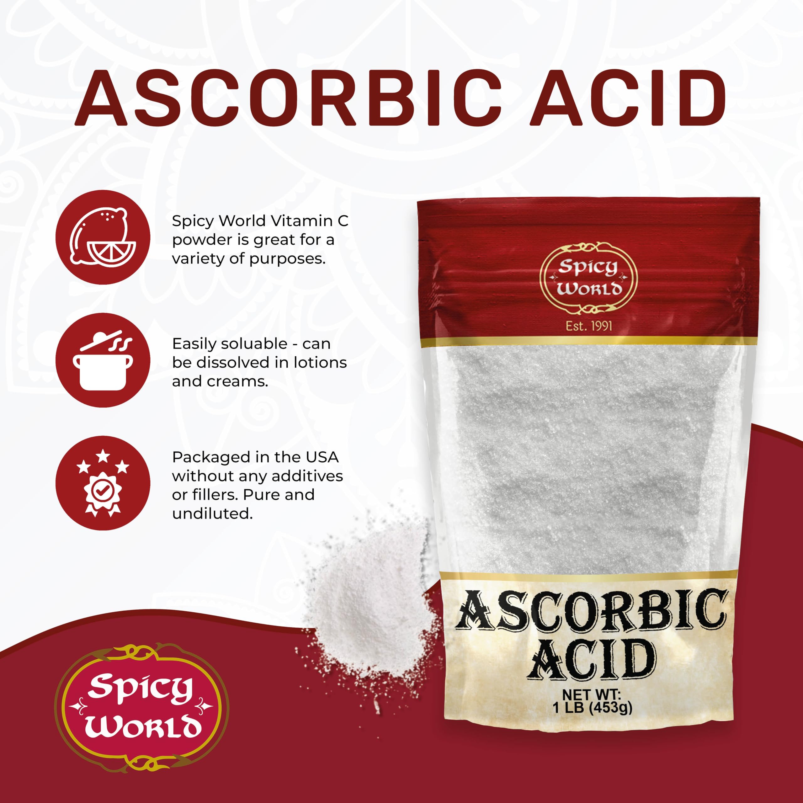 Spicy World Ascorbic Acid powder displayed as food-grade purity
