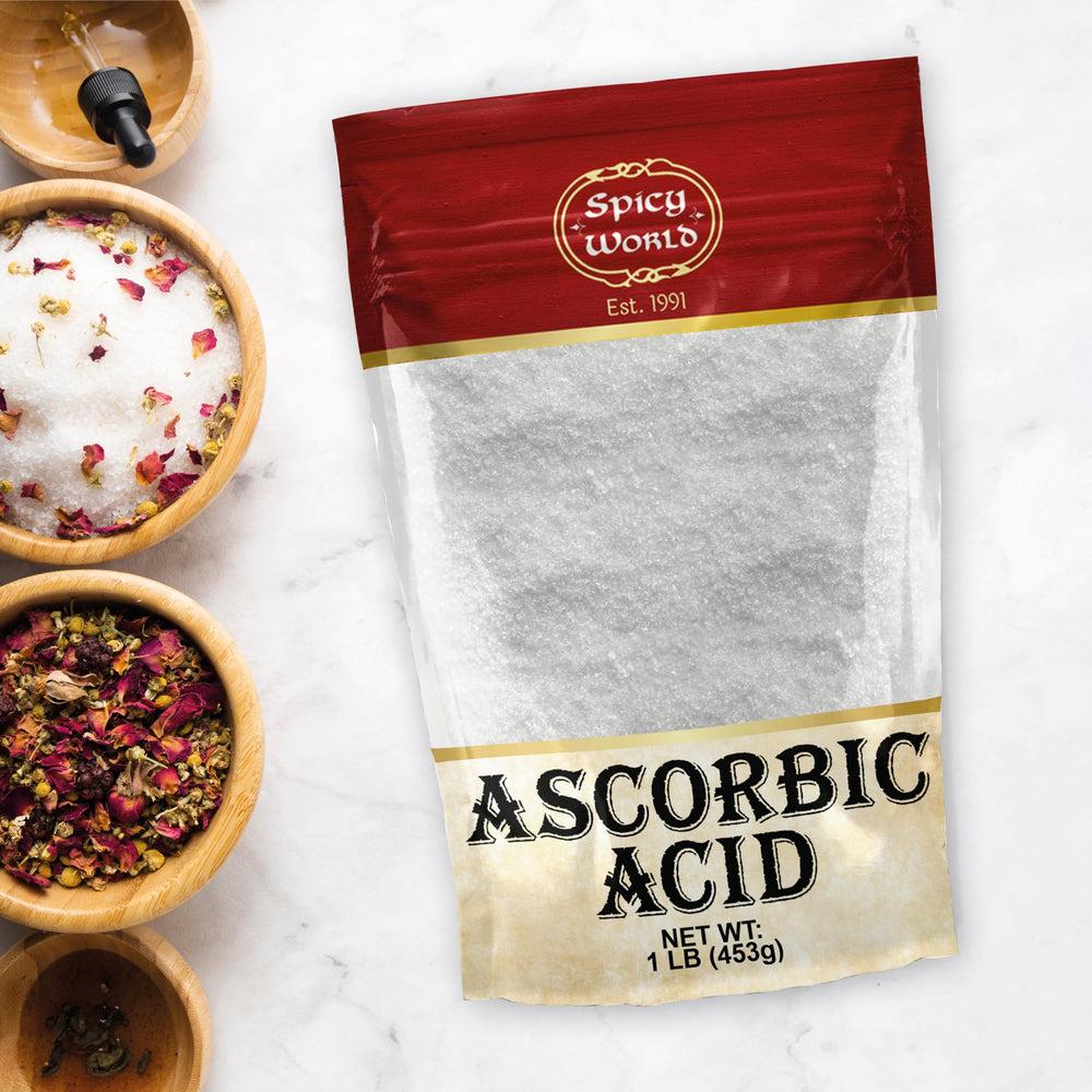 Spicy World Ascorbic Acid powder purity and potency label