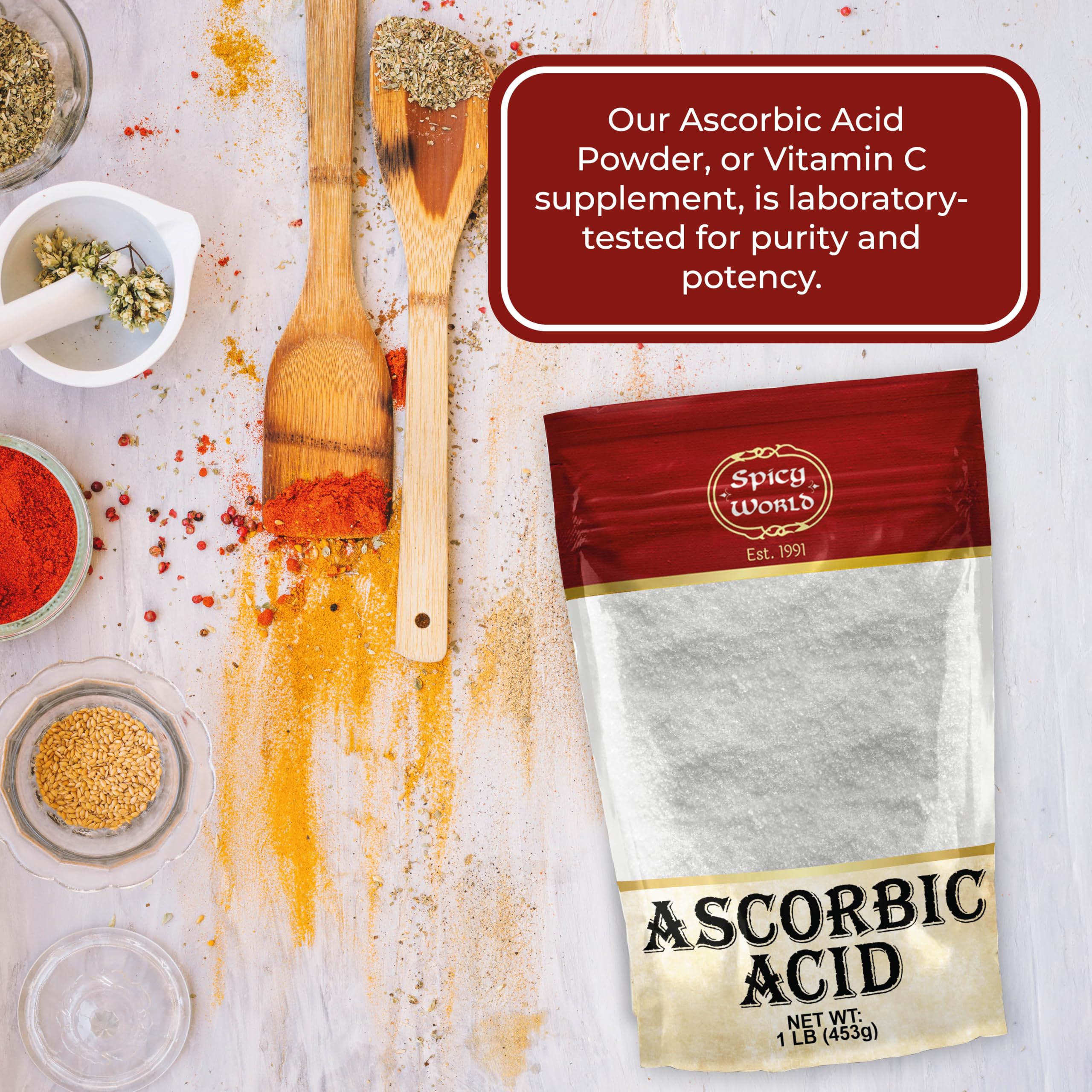 Spicy World Ascorbic Acid powder stored in a resealable bag