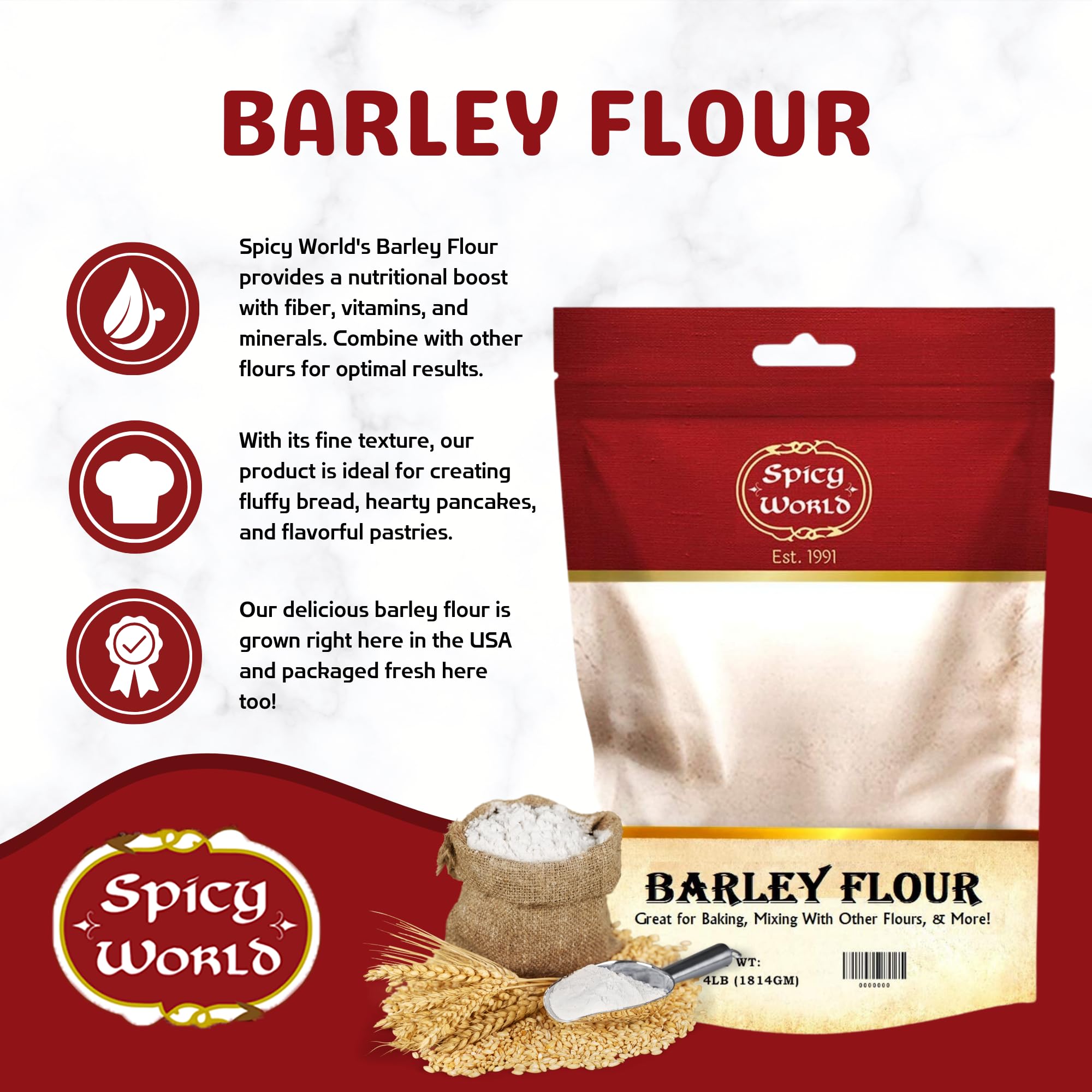 Spicy World Barley Flour dry powder ideal for pan sauces and batters.