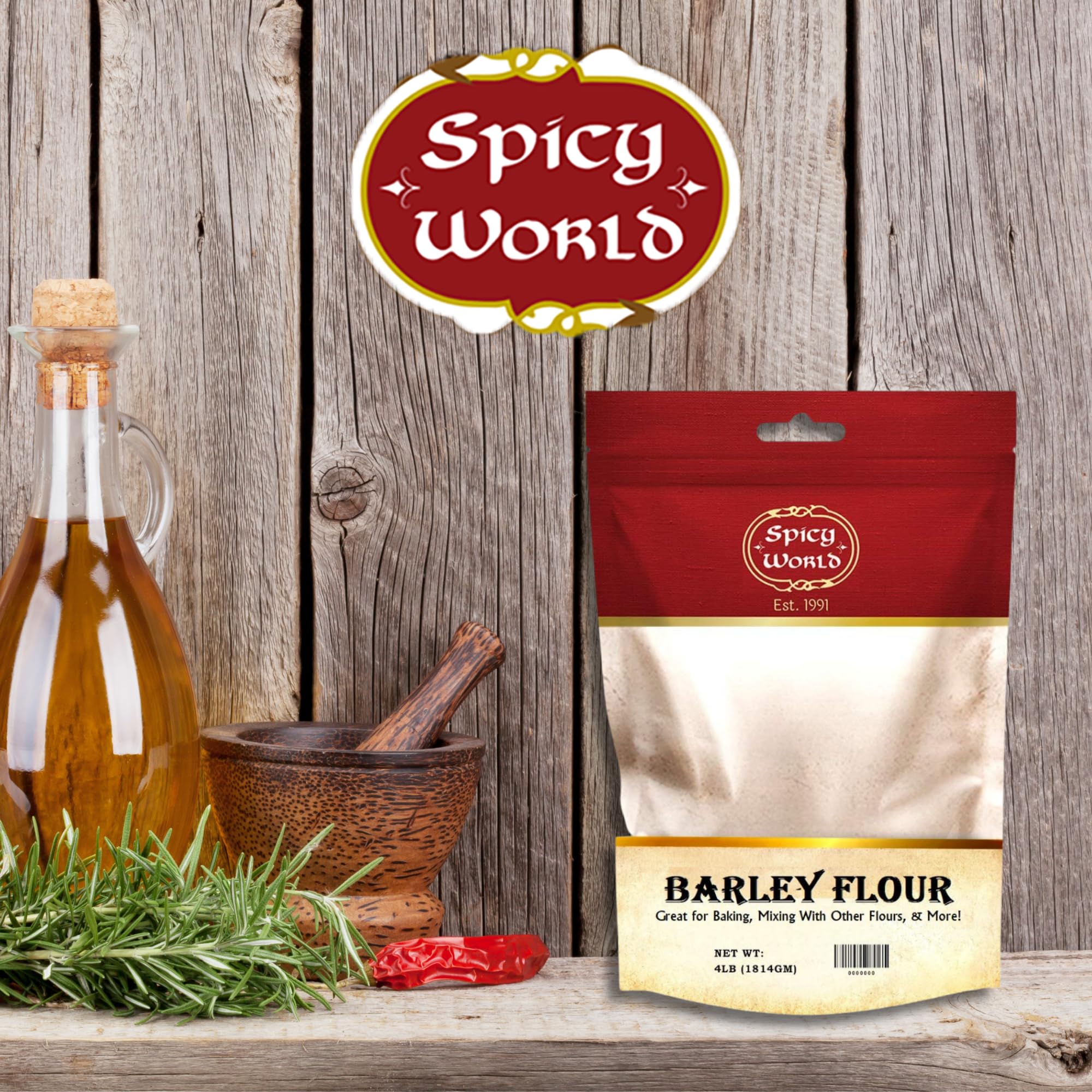 Spicy World Barley Flour measured with cups for precise recipes.