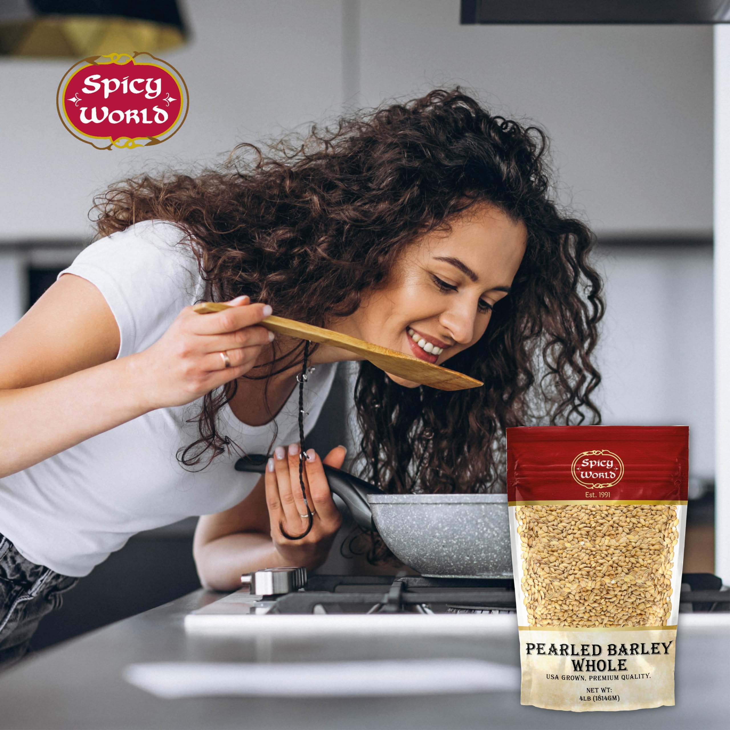 Spicy World Barley pilaf served, illustrating versatile use in a savory main dish.