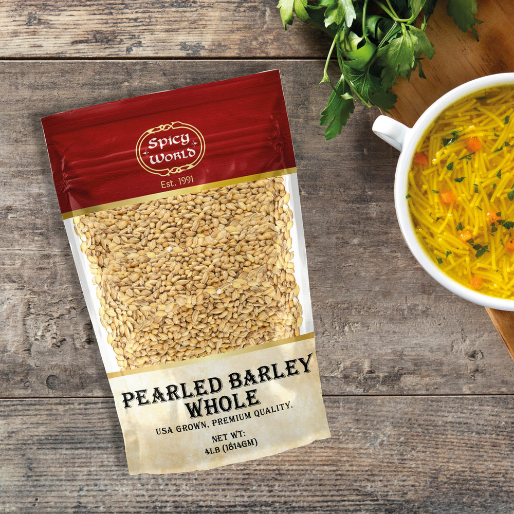 Spicy World Barley soup in a bowl, showcasing a comforting, hearty option.