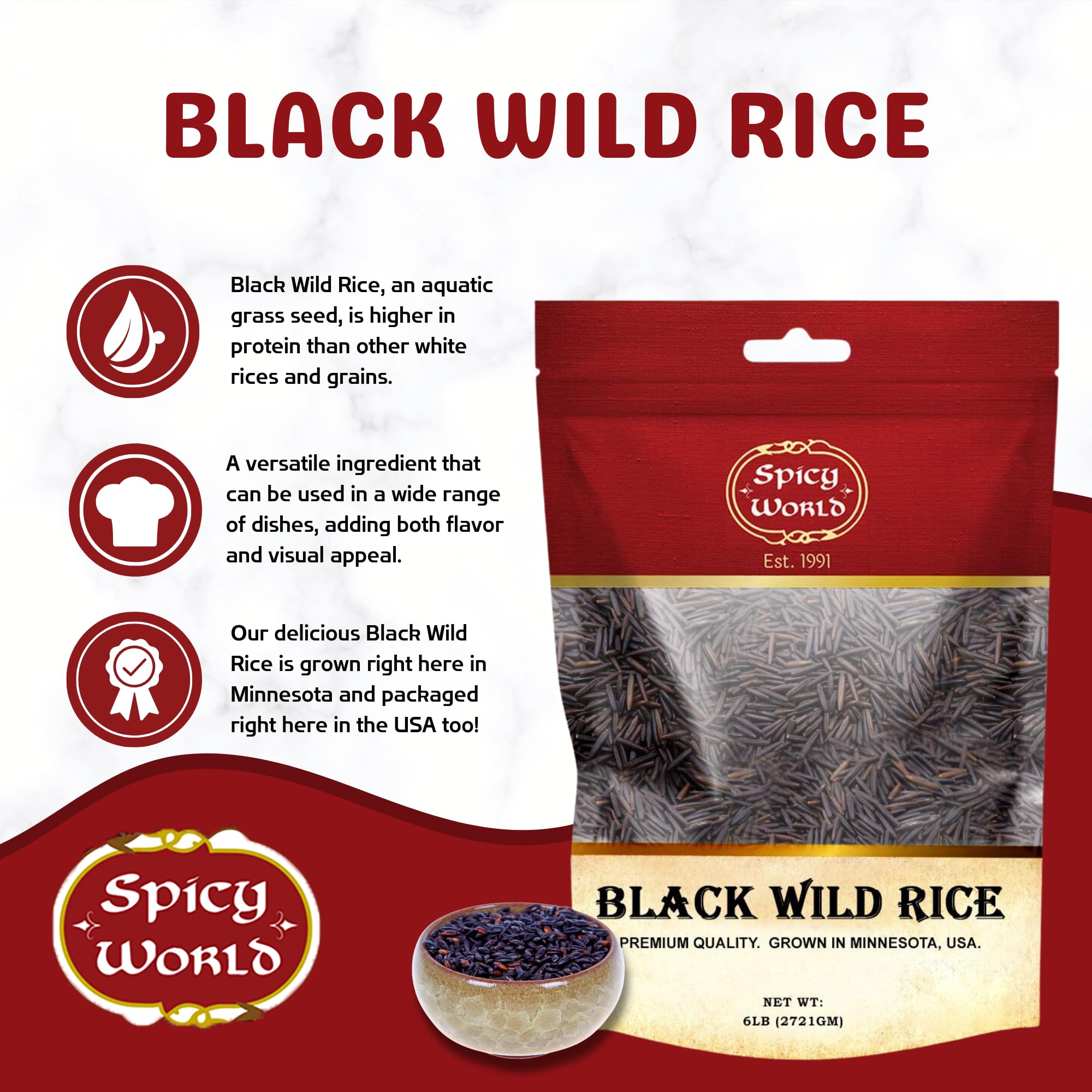 Steaming bowl of Spicy World Black Wild Rice, rich aroma and texture.
