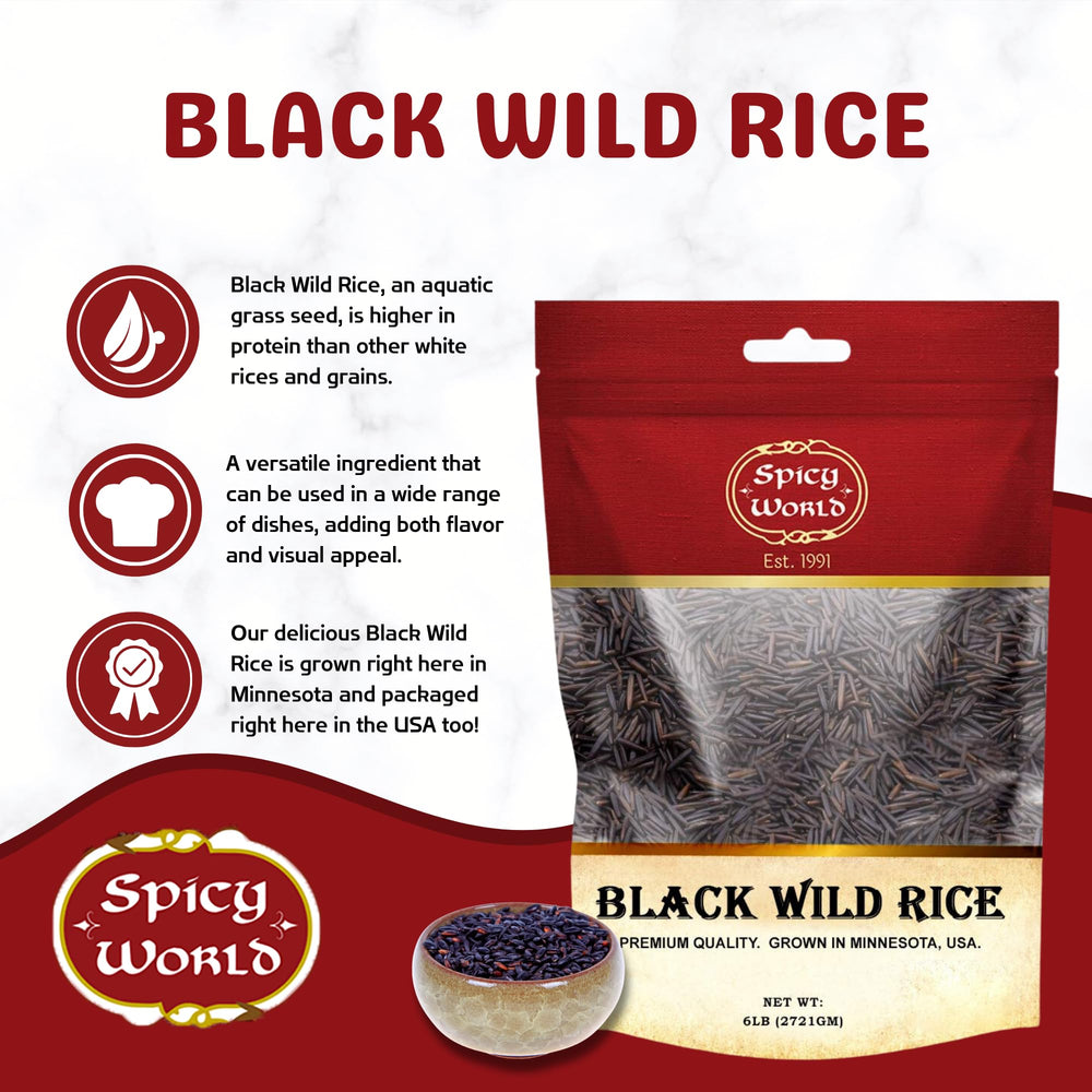 Steaming bowl of Spicy World Black Wild Rice, rich aroma and texture.