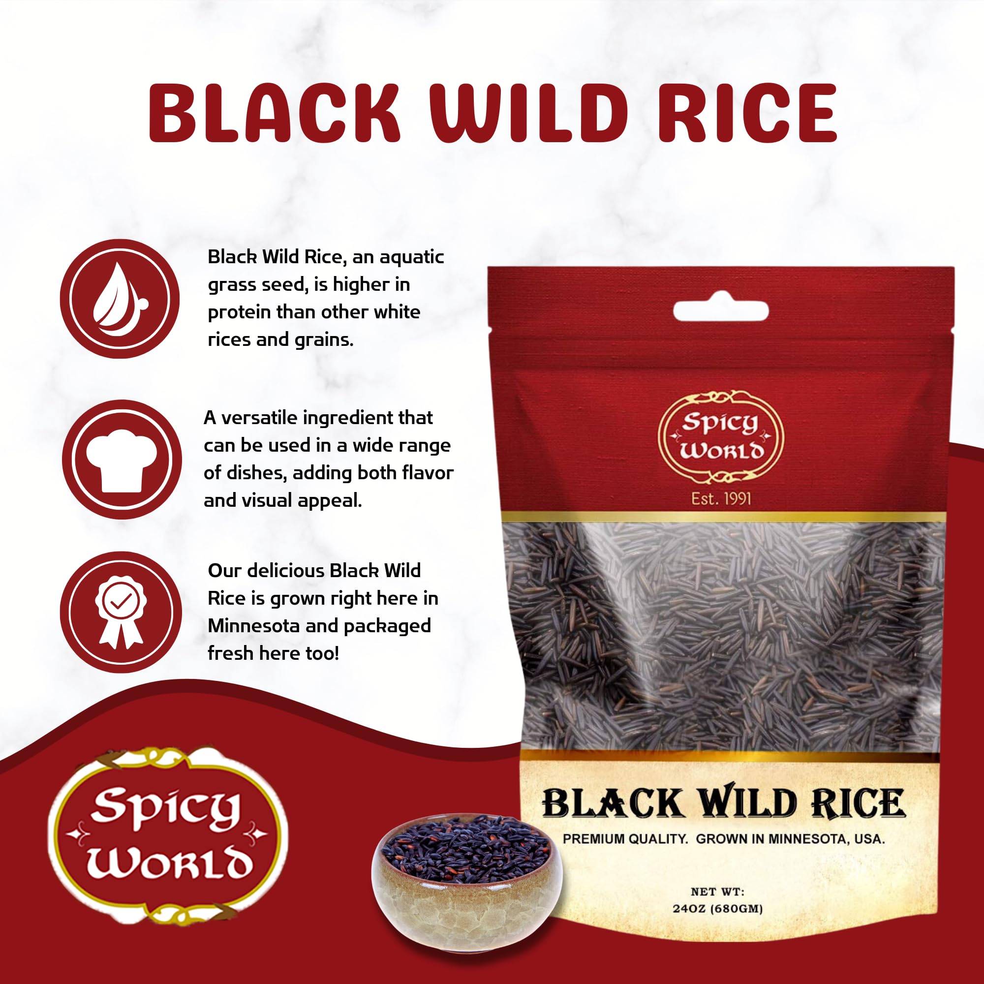 Spicy World Black Wild Rice grain close-up highlights long, chewy texture for pilafs