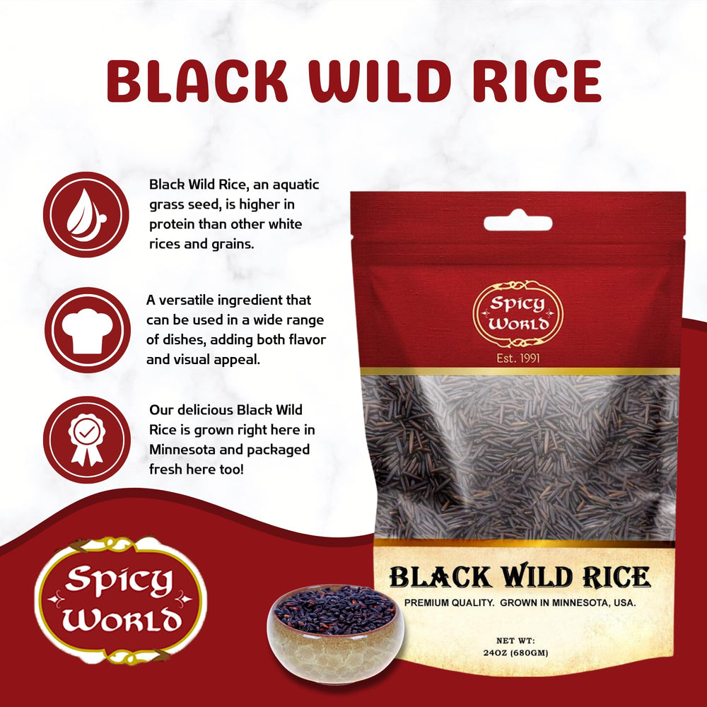 Spicy World Black Wild Rice grain close-up highlights long, chewy texture for pilafs