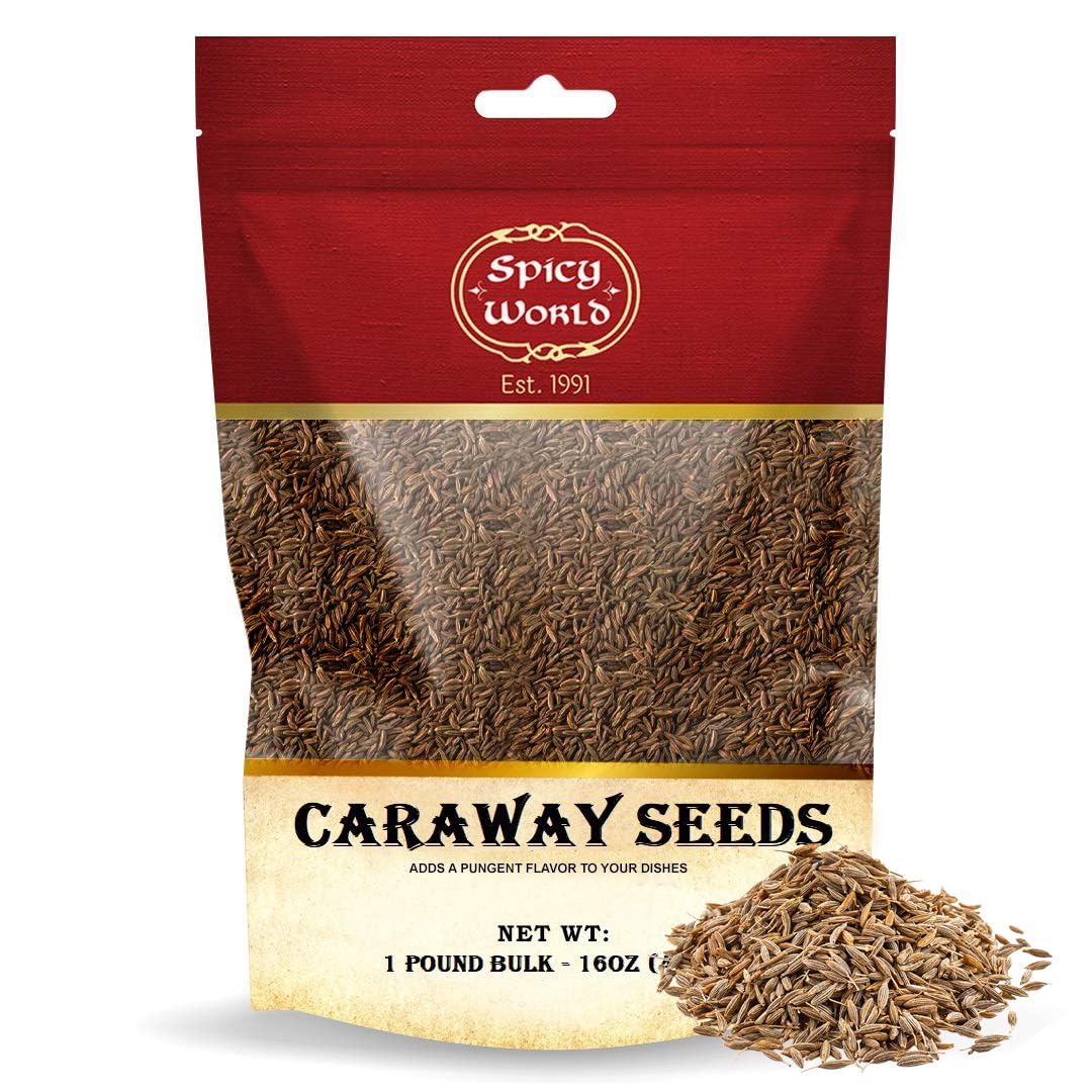 Spicy World caraway seeds in 1lb bulk bag showing premium whole seeds for baking.