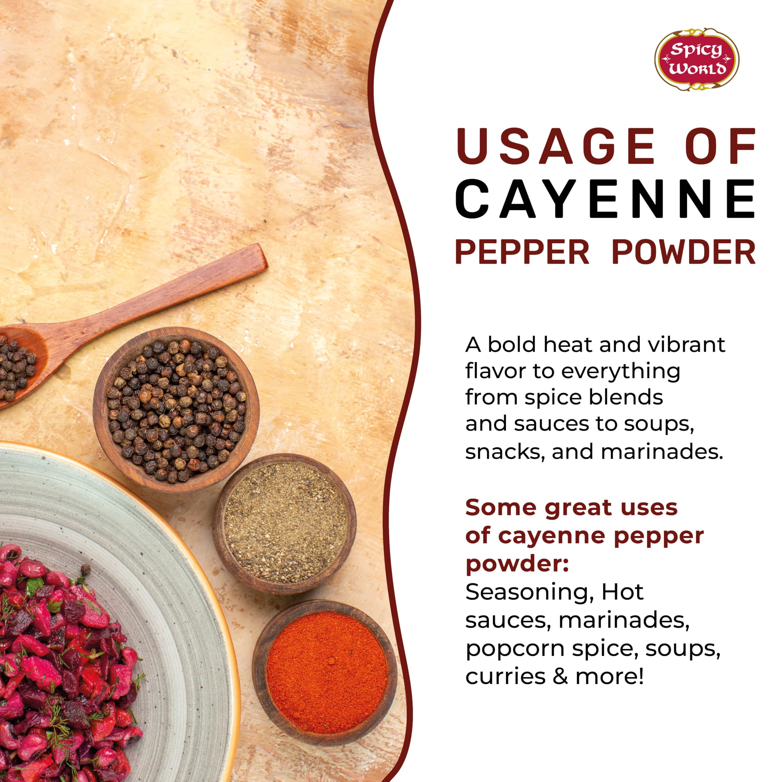 Spicy World cayenne powder glass jar close-up with rich red color.