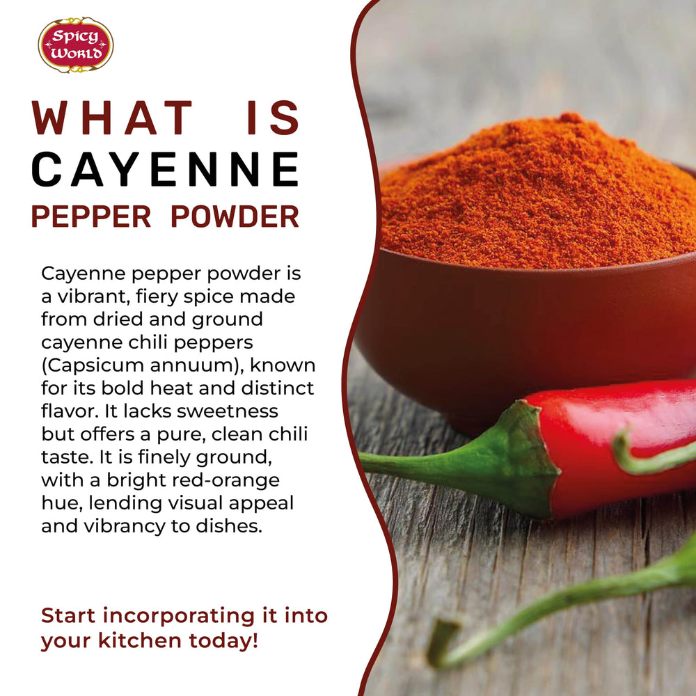 Spicy World cayenne powder ground texture close-up showing fine, vibrant red dust.