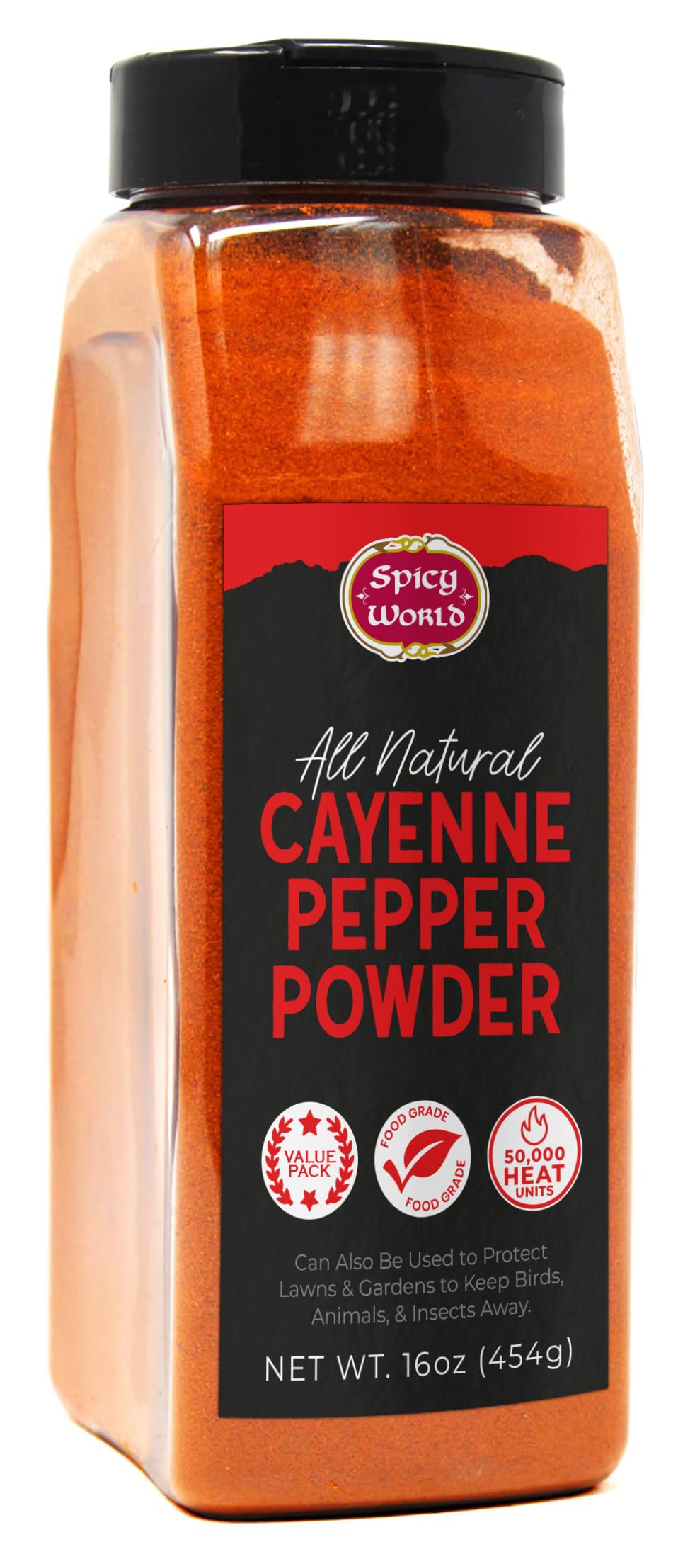 Spicy World cayenne pepper powder jar front view for bold cooking heat
