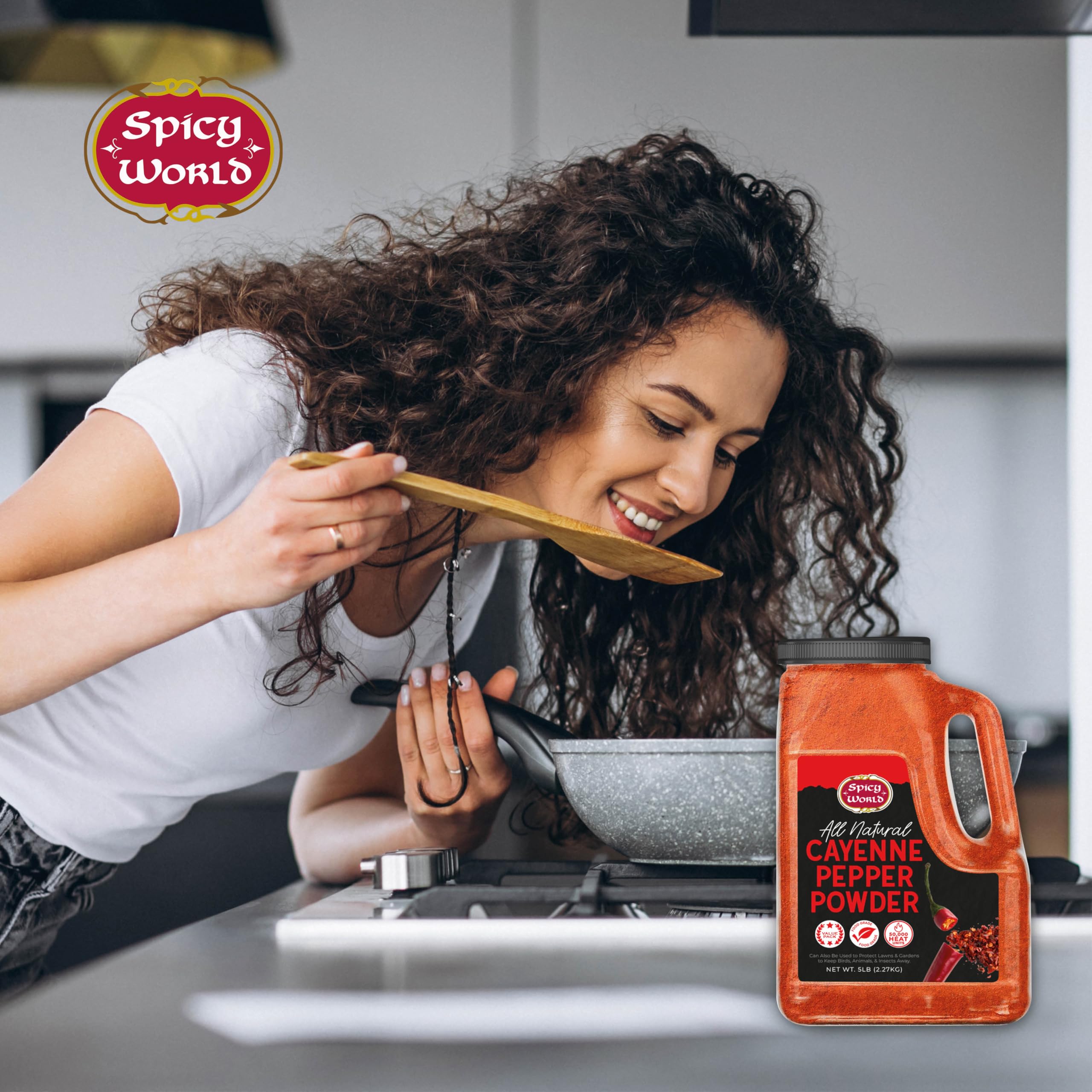 Spicy World cayenne powder on kitchen shelf within reach.
