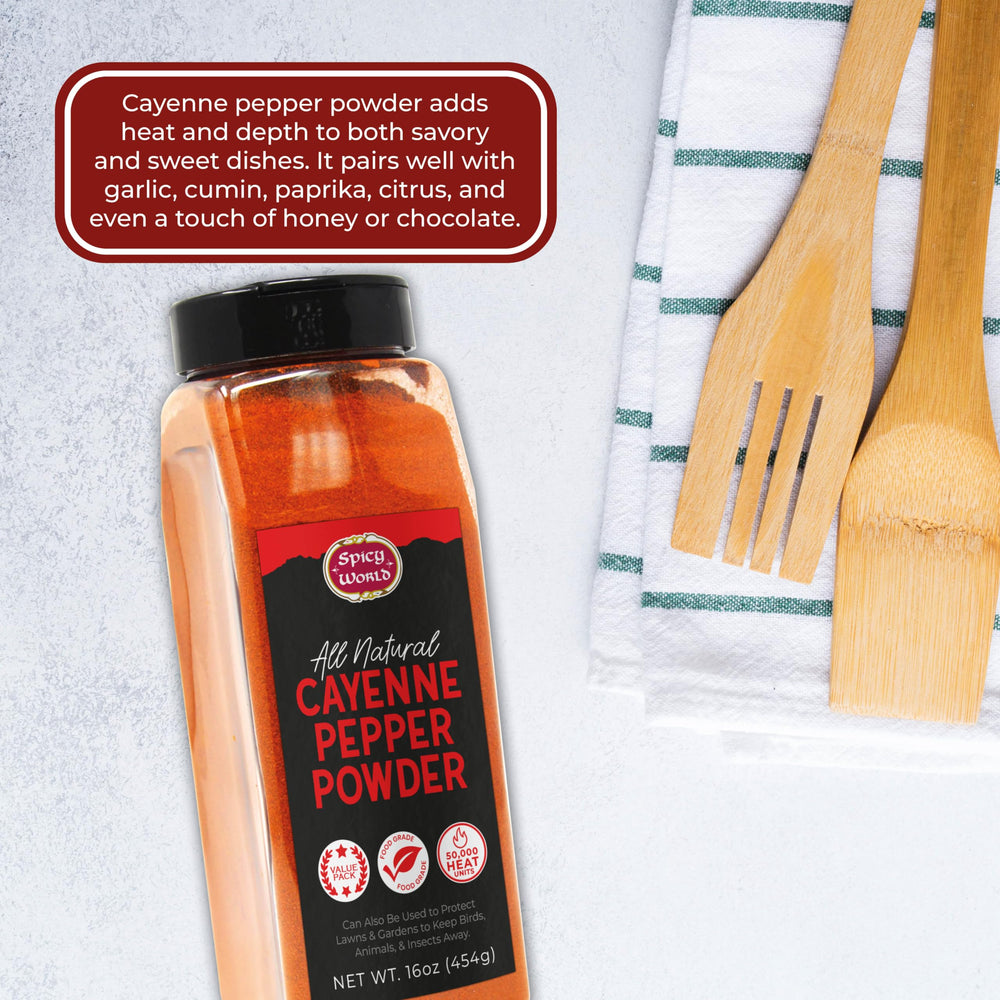 Spicy World cayenne pepper powder label detail close-up