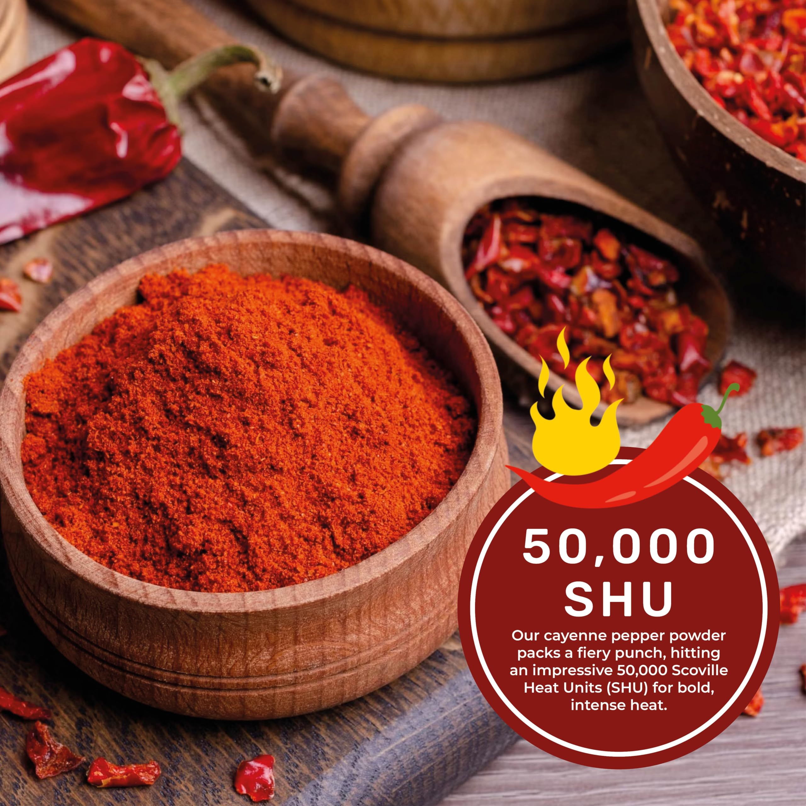 Spicy World cayenne pepper powder on spoon ideal for marinades