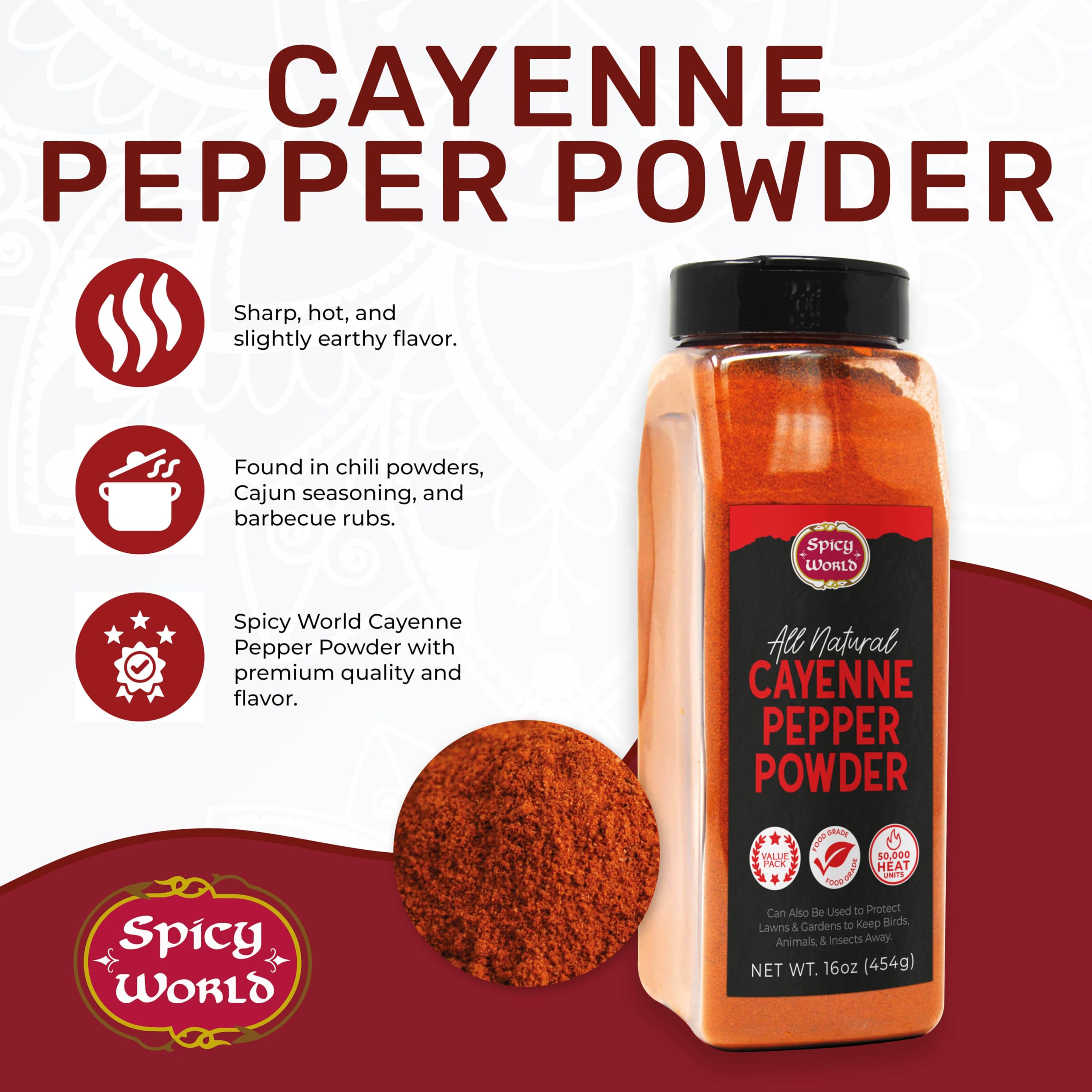 Spicy World cayenne pepper powder sealed cap close-up emphasizing freshness