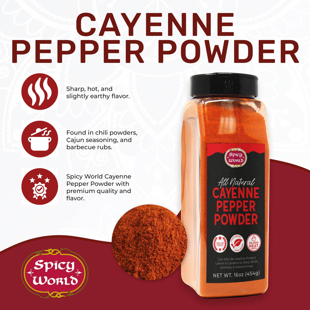 Spicy World cayenne pepper powder sealed cap close-up emphasizing freshness