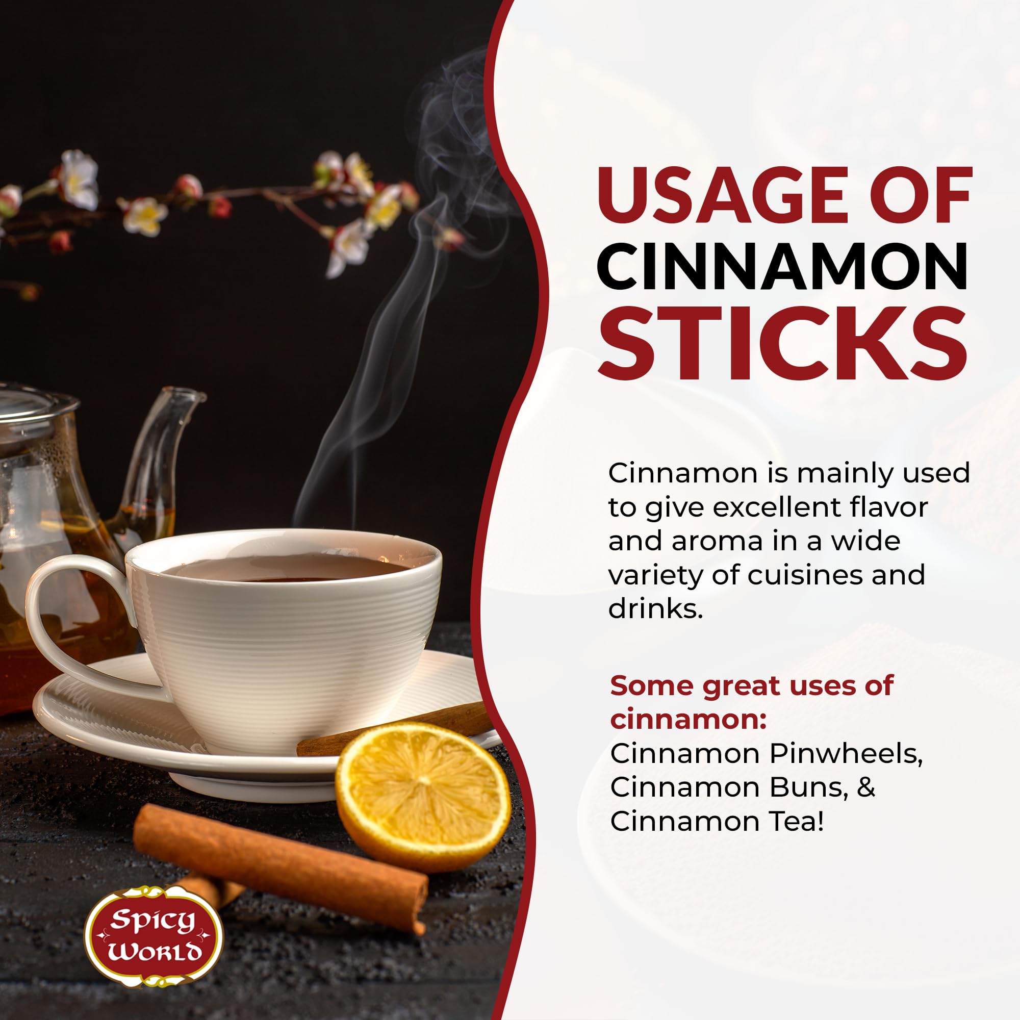 Spicy World cinnamon sticks enrich savory cooking with warmth.
