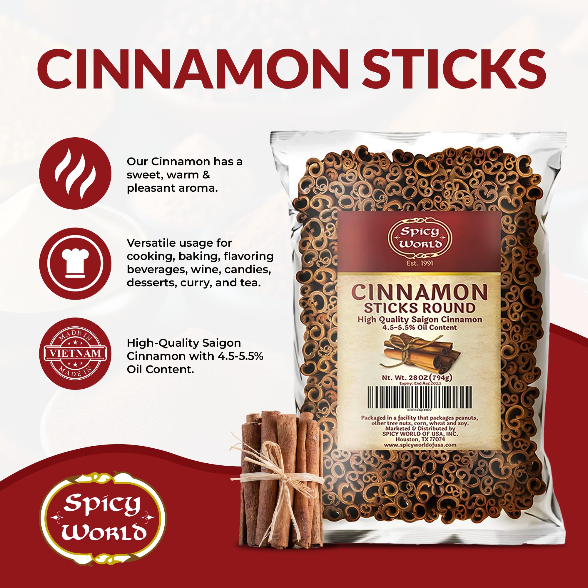 Spicy World cinnamon sticks ideal for baking and dessert infusions.