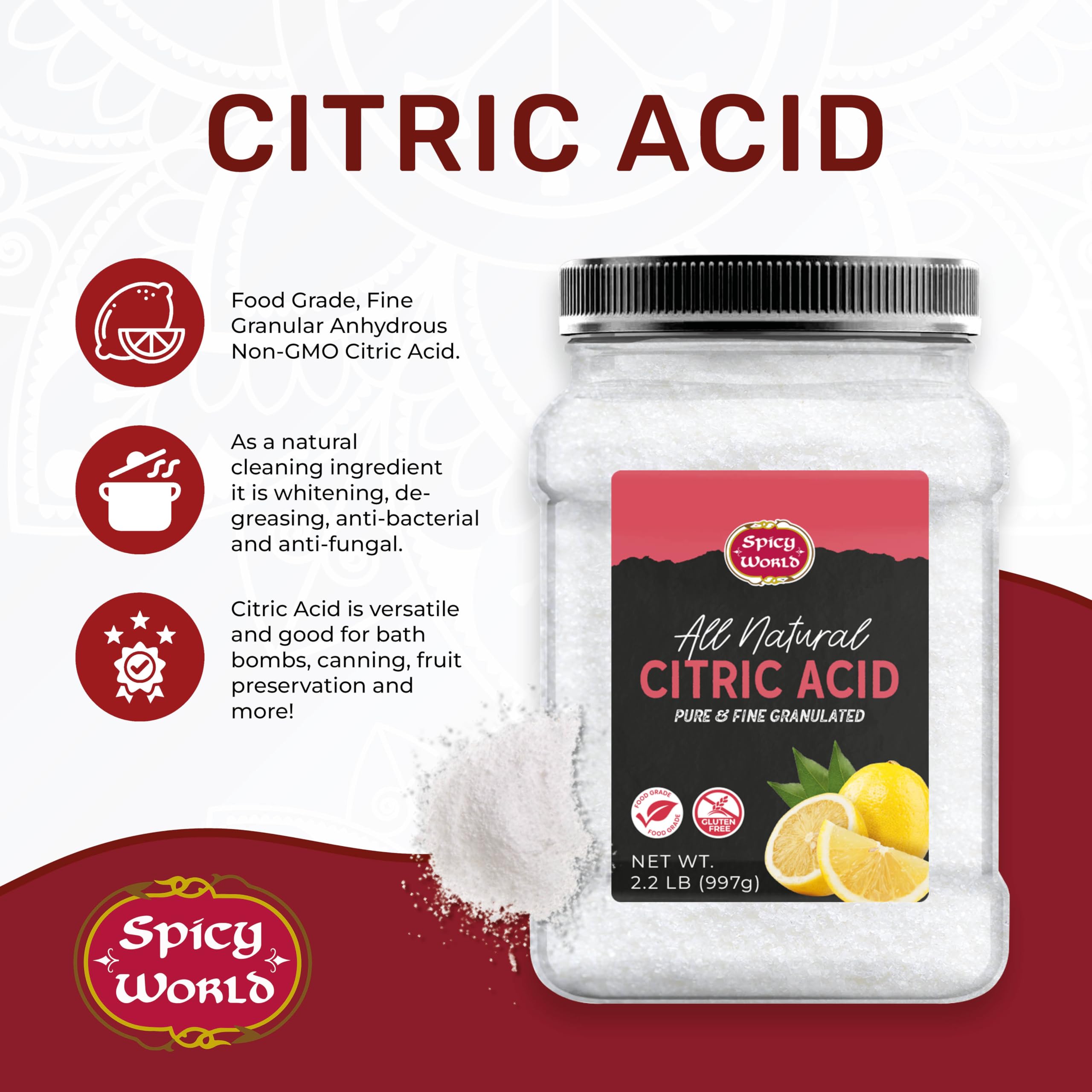 Spicy World citric acid jar 2lb bulk packaging on shelf.