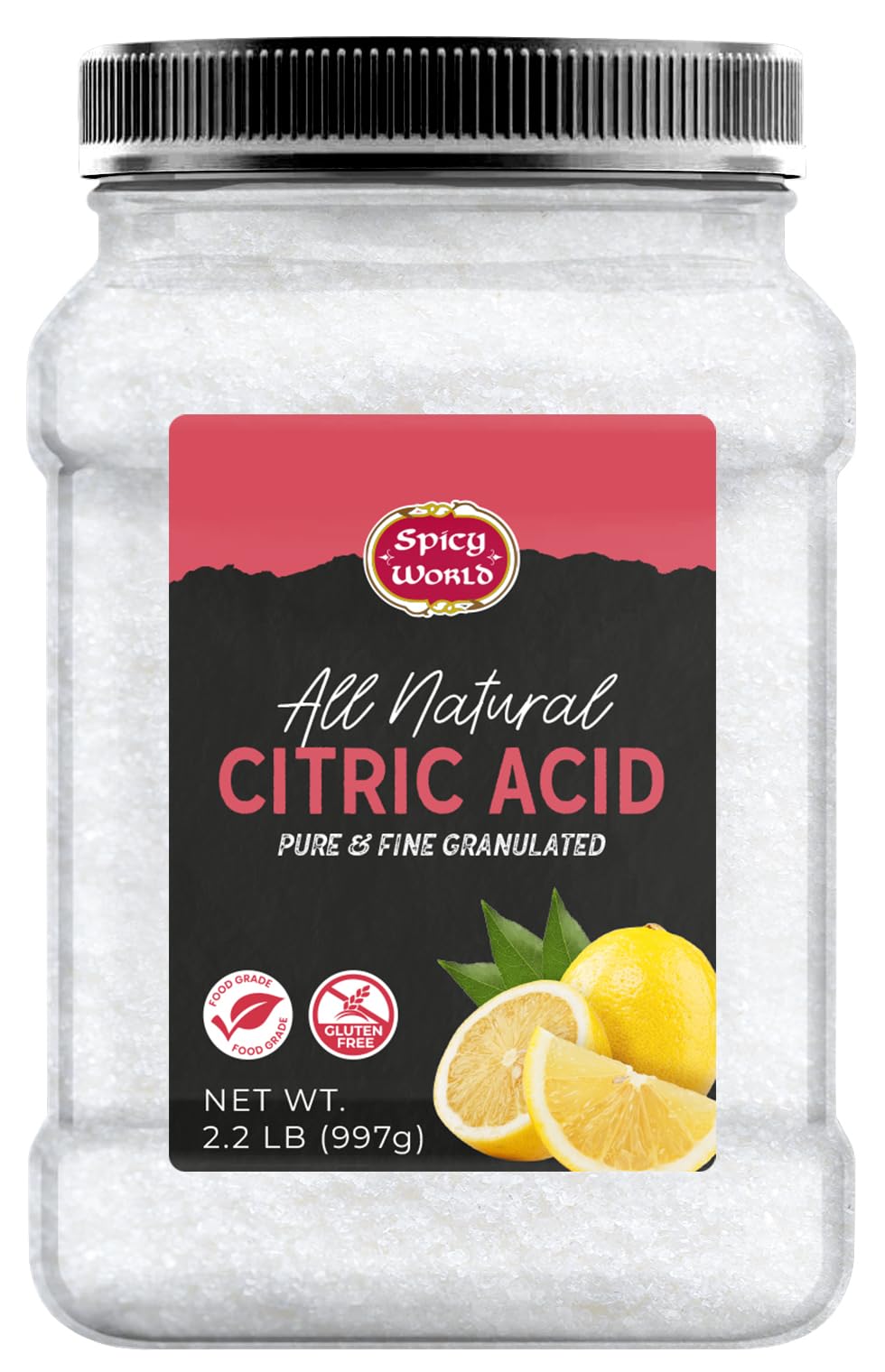Spicy World citric acid jar close-up, pure granules ideal for cooking and cleaning.