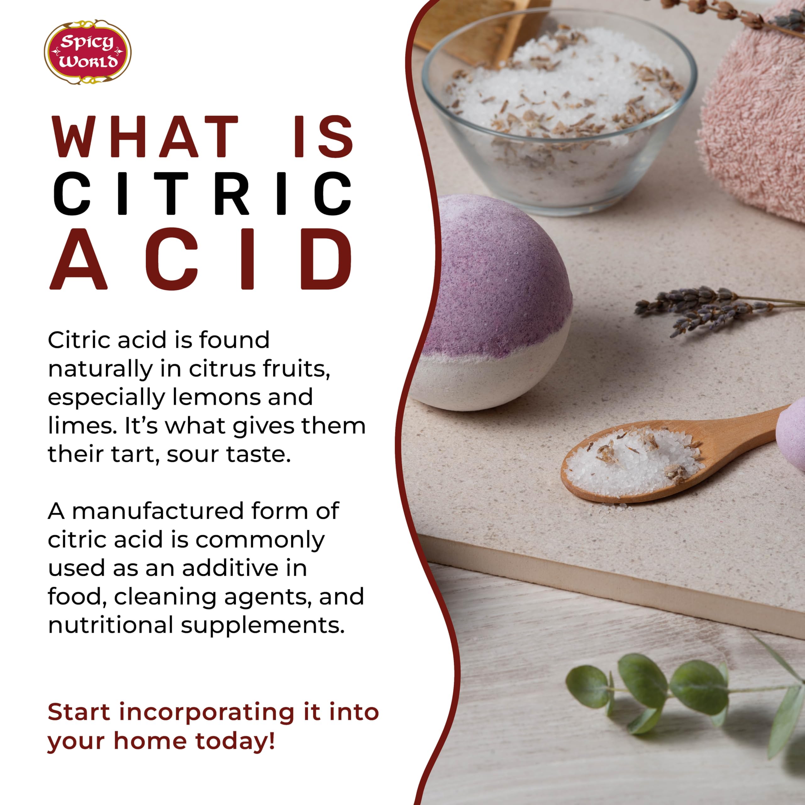 Spicy World citric acid bottle in kitchen highlighting flavor and preservation uses.