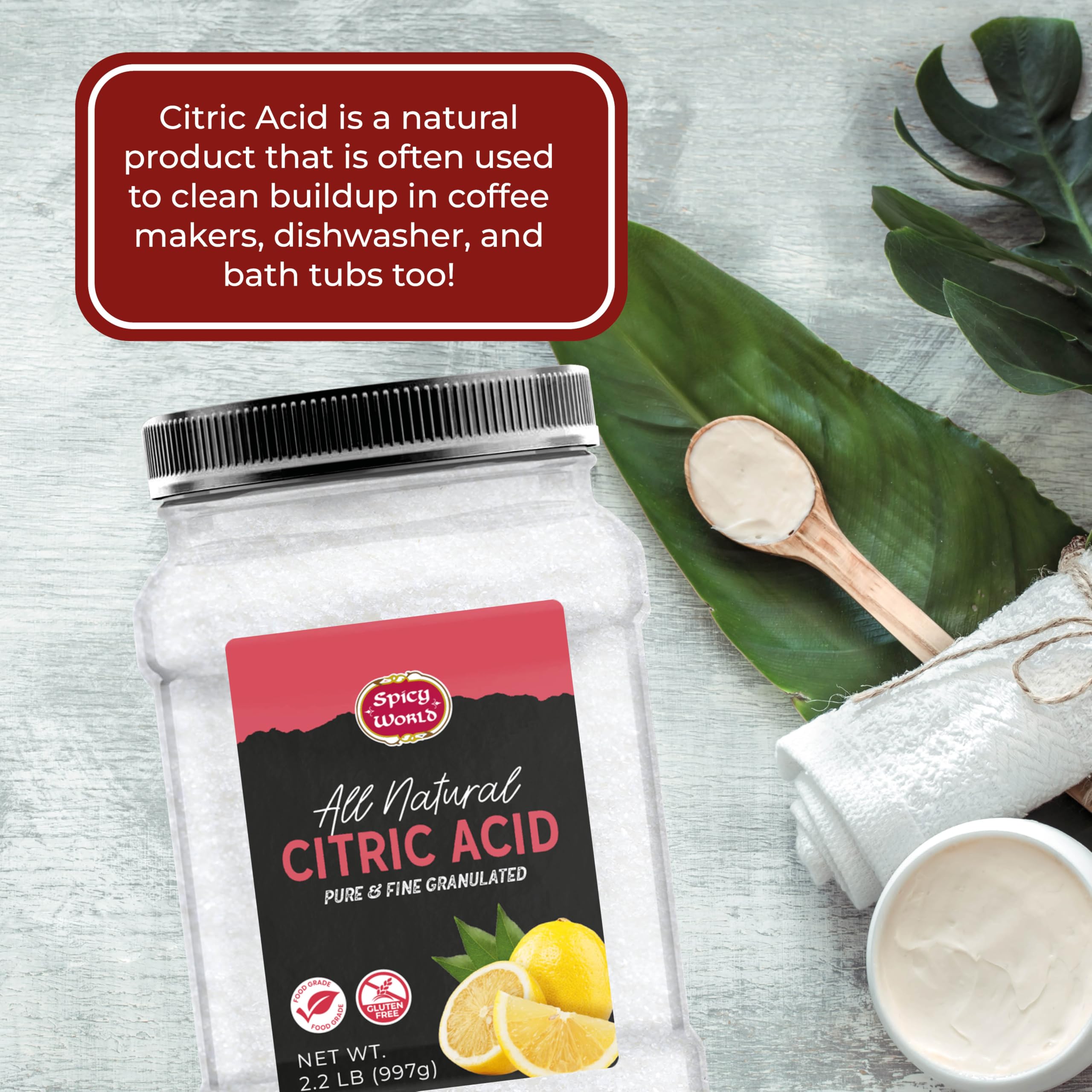 Spicy World citric acid used for descaling appliances and cleaning routines.