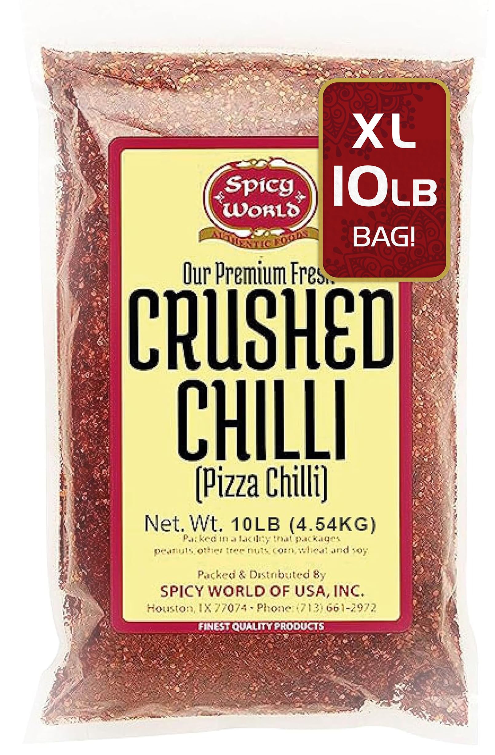 Spicy World crushed red pepper flakes 10lb bulk pack in a clear bag for bold flavor