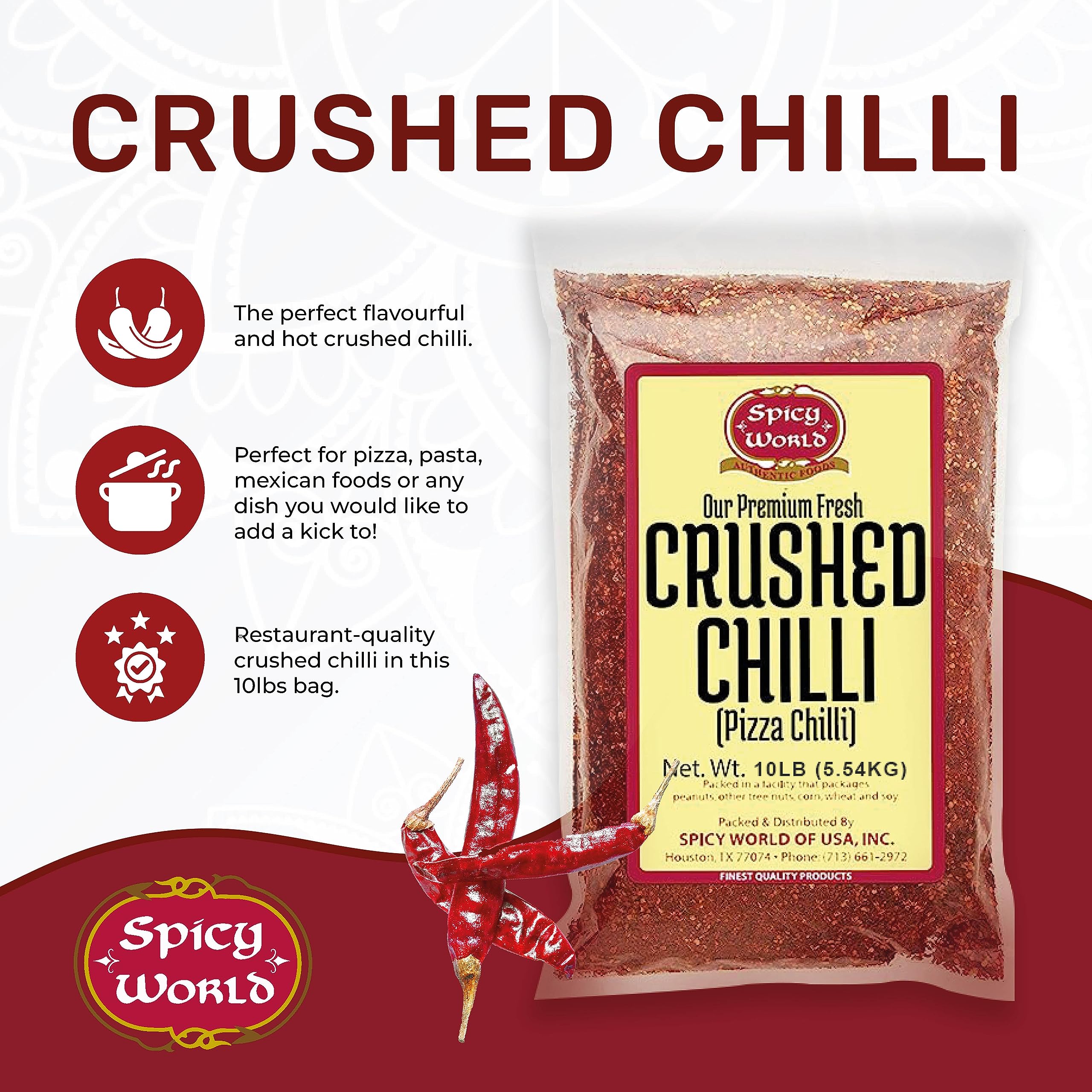 Spicy World crushed red pepper flakes jar closeup highlighting bright flakes and vibrant heat
