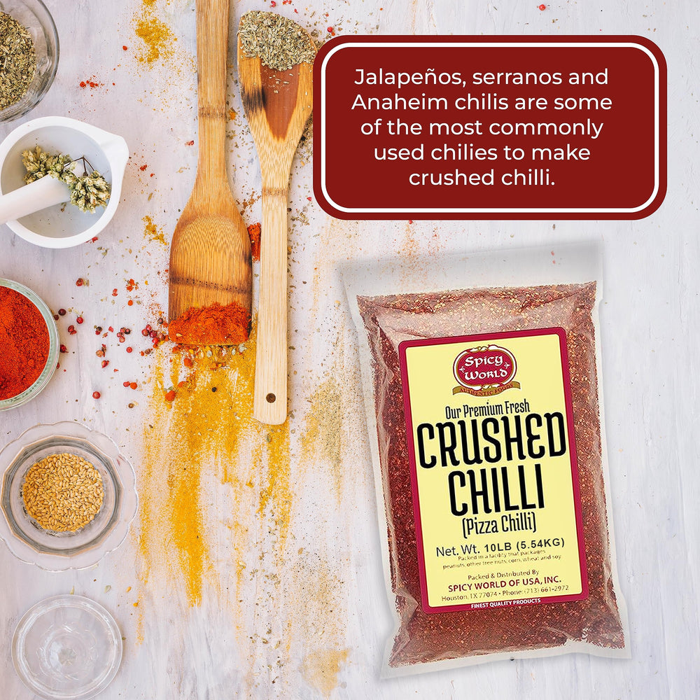 Spicy World crushed red pepper flakes in spice rack for quick flavor boosts