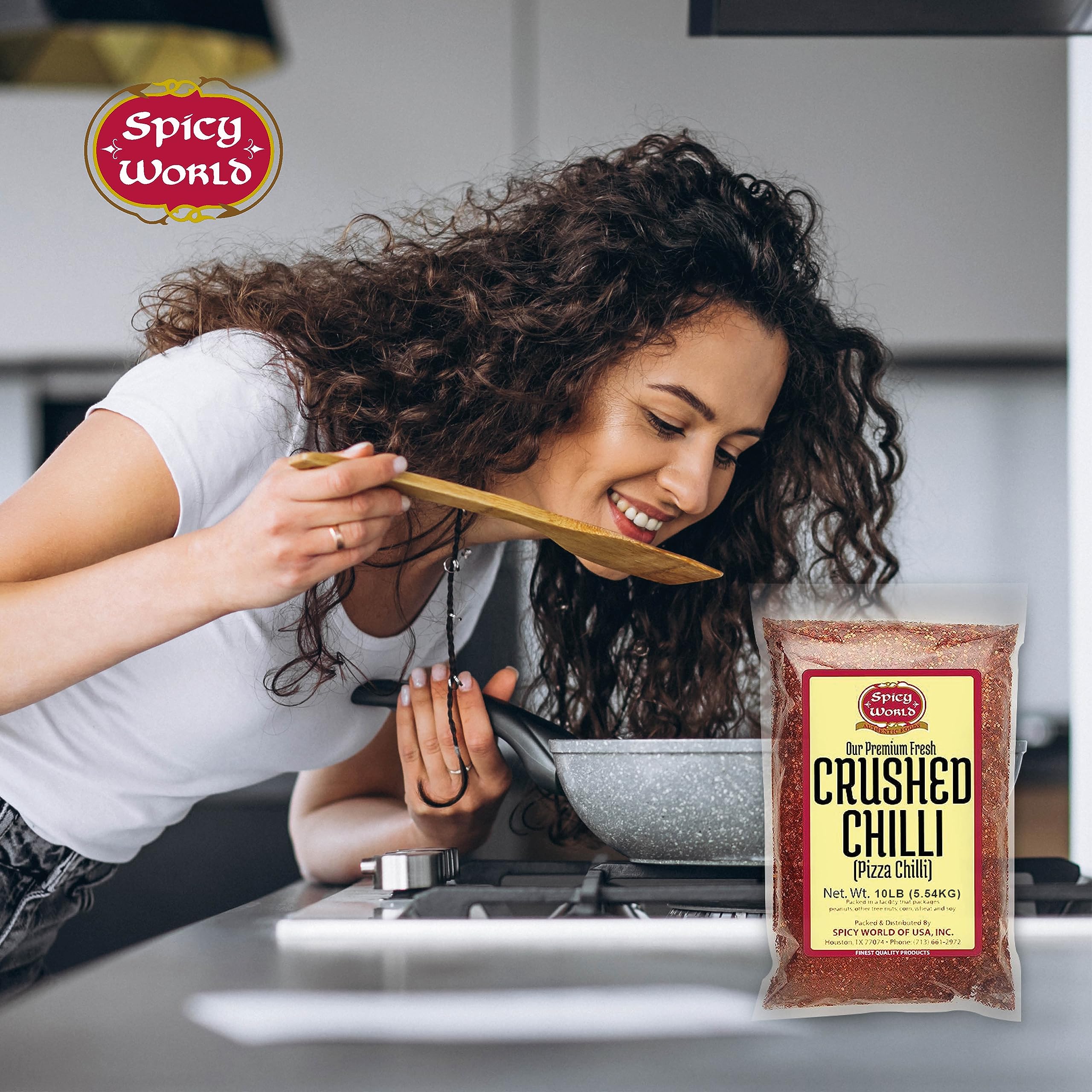 Spicy World crushed red pepper flakes sprinkled over soup bowl for warmth