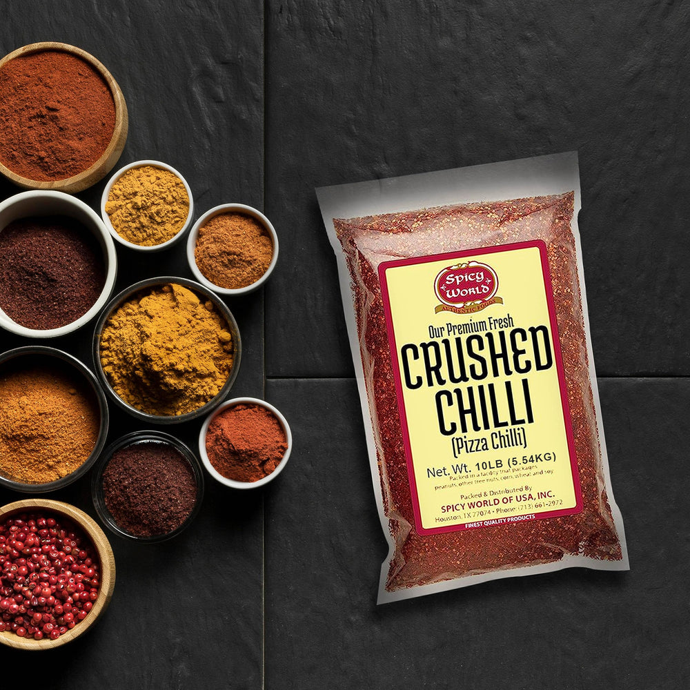 Spicy World crushed red pepper flakes spice jar on kitchen counter