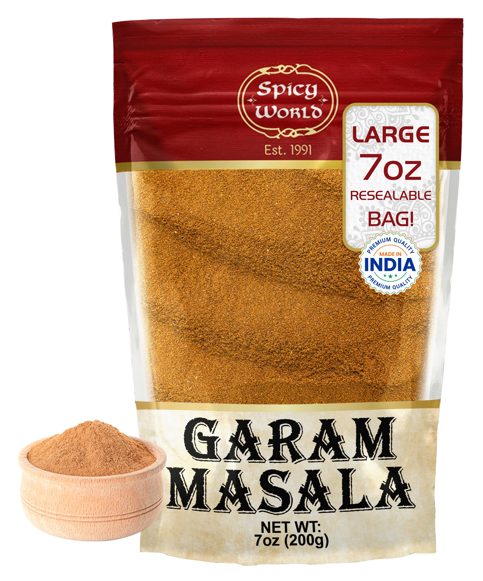 Spicy World Garam Masala powder in a 7-ounce bottle enhances curries with warm, inviting aroma.