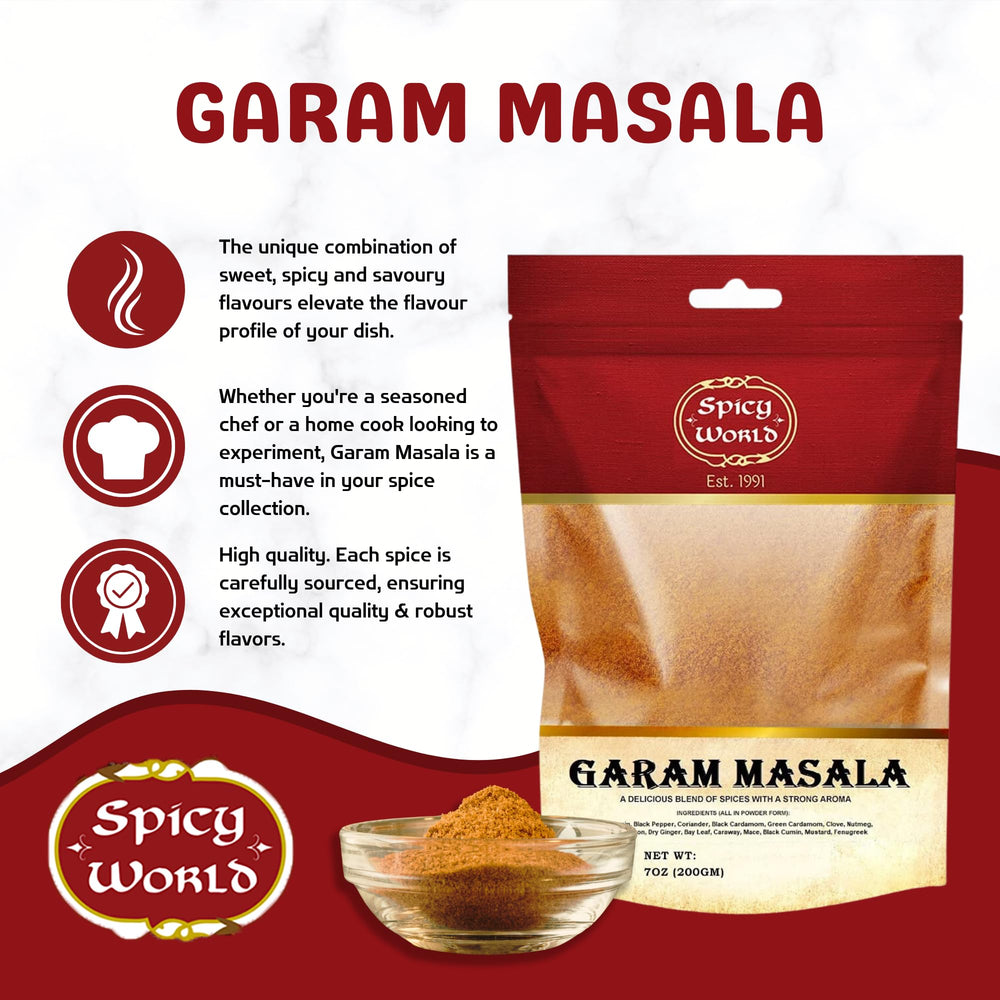 Spicy World garam masala spice jar on kitchen counter ready to season.