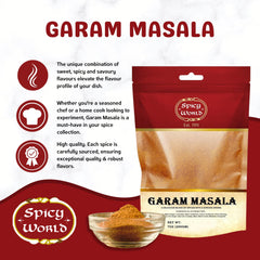 Spicy World garam masala spice jar on kitchen counter ready to season.