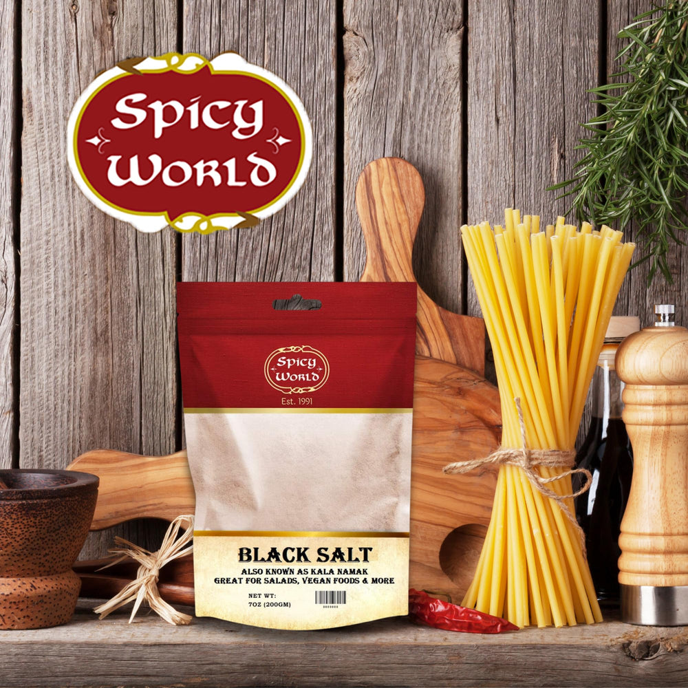 Spicy World Himalayan black salt packaging emphasizes fresh, natural product.