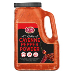 Spicy World hot cayenne powder 5 lb jar label shows potent heat.