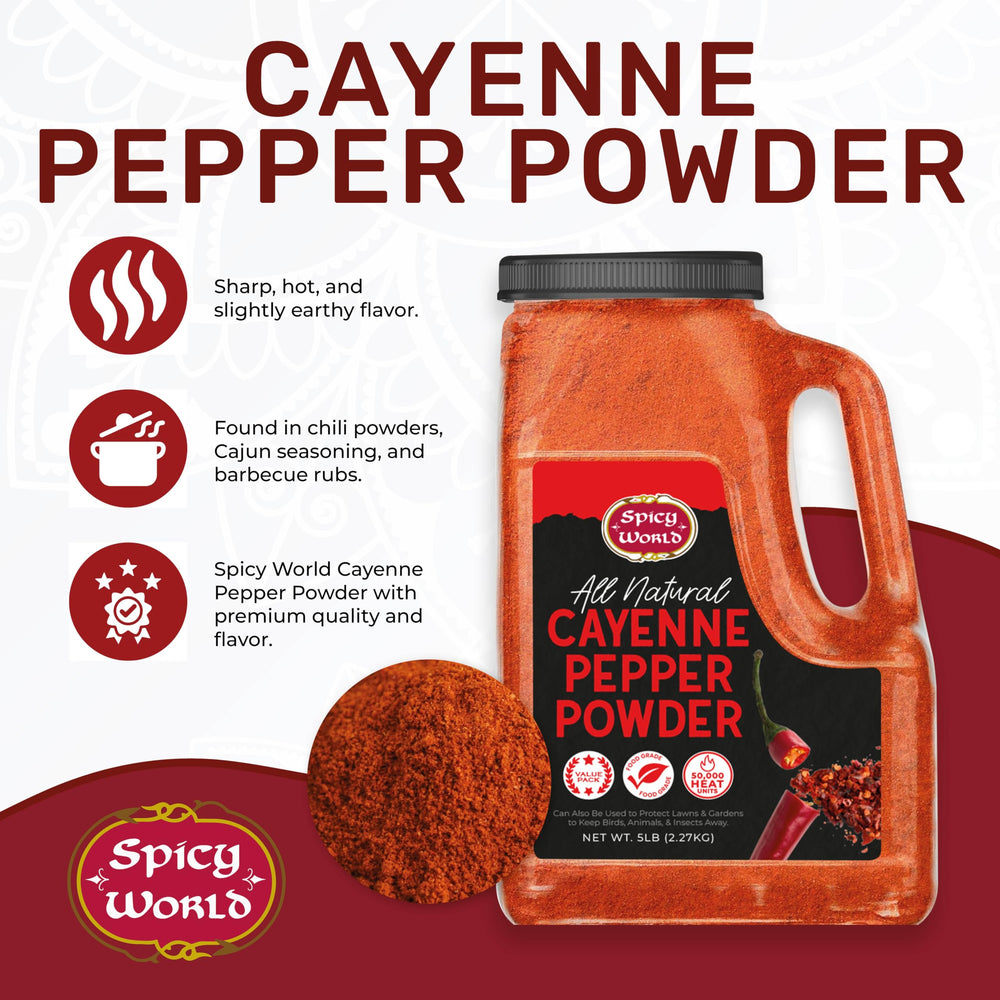 Spicy World hot cayenne powder bulk view for home or pro kitchens.