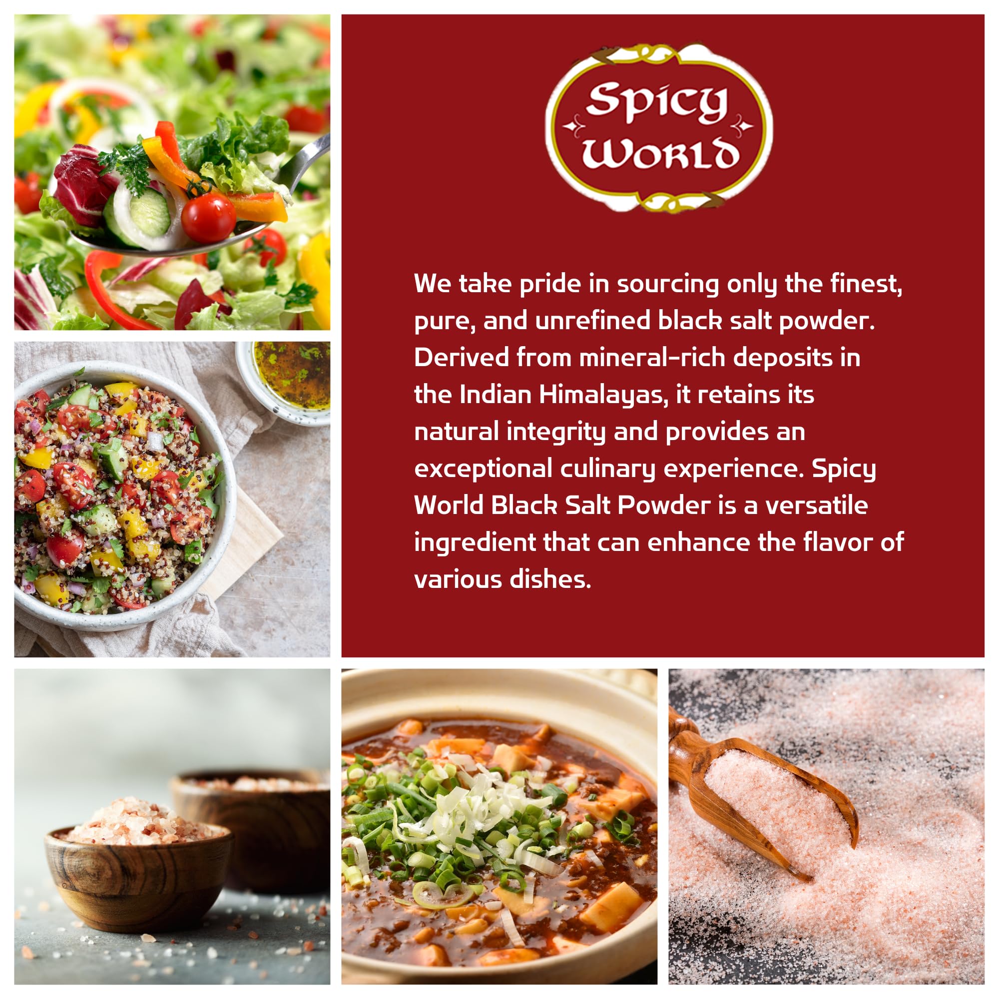 Spicy World Kala Namak highlights sulfur aroma and mineral profile.