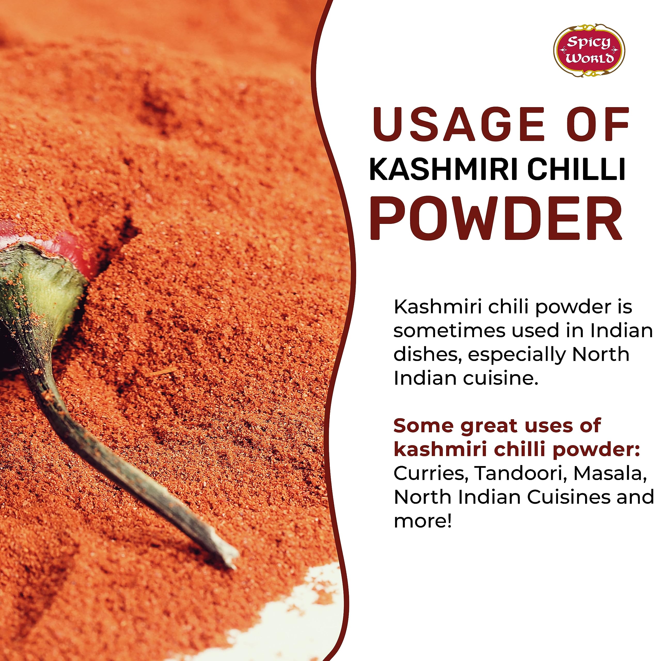 Spicy World Kashmiri chili powder color swatch shows deep red shade