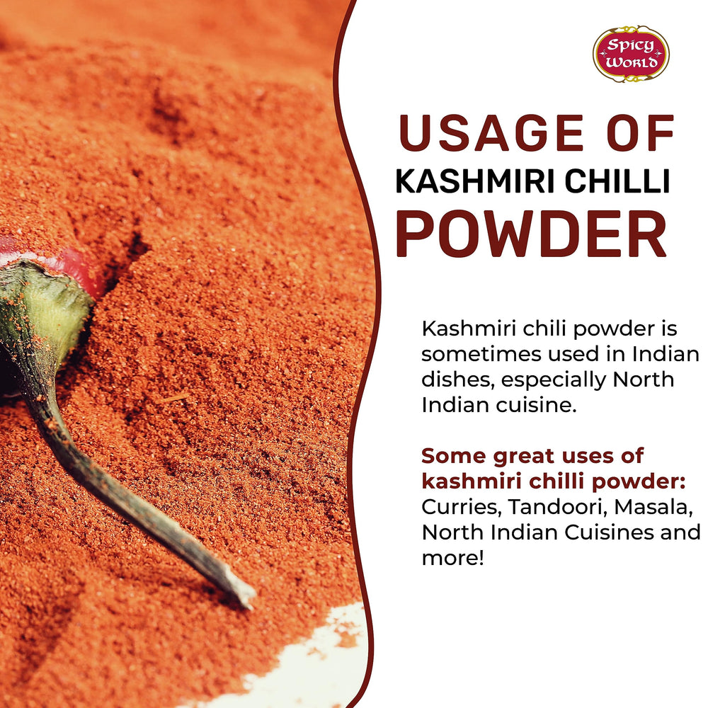 Spicy World Kashmiri chili powder color swatch shows deep red shade