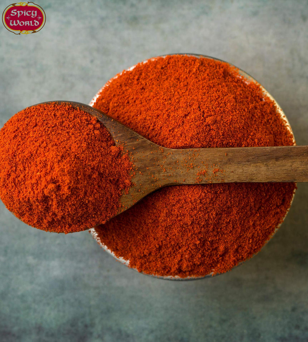 Spicy World Kashmiri powder shines in sunlight on the counter