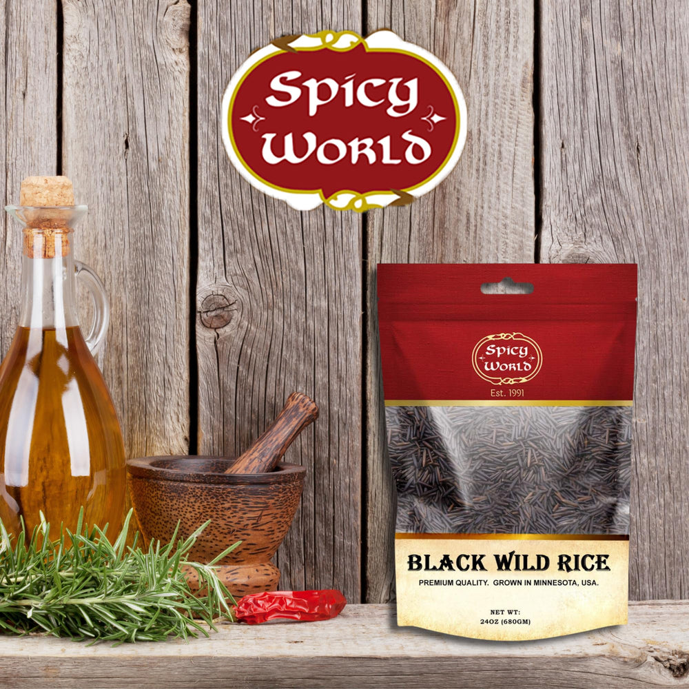 Display of Spicy World Minnesota Wild Rice grains on a grocery shelf.